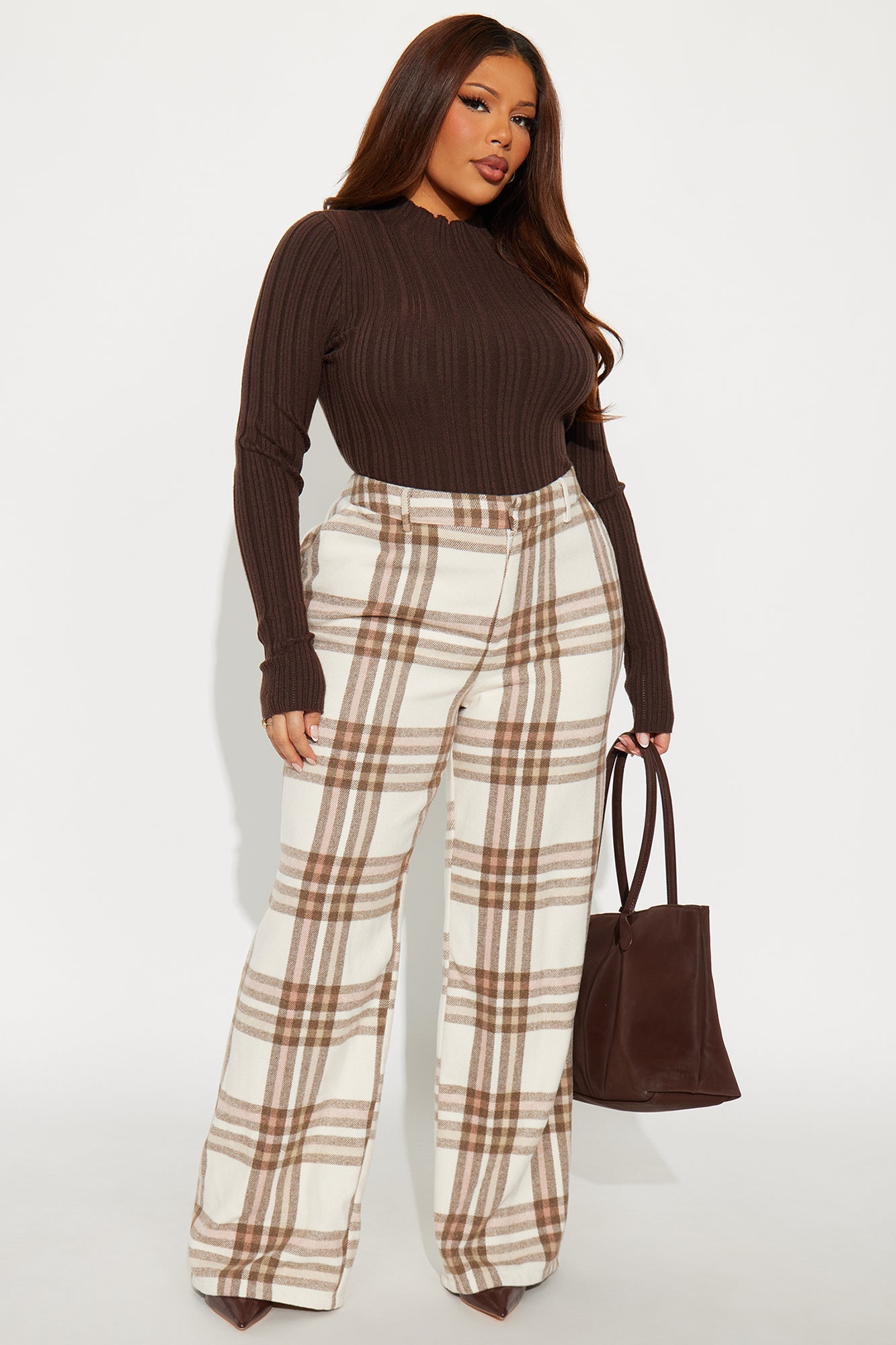 Emma Plaid Trouser Wide Leg Pant 33″ - Cream/combo