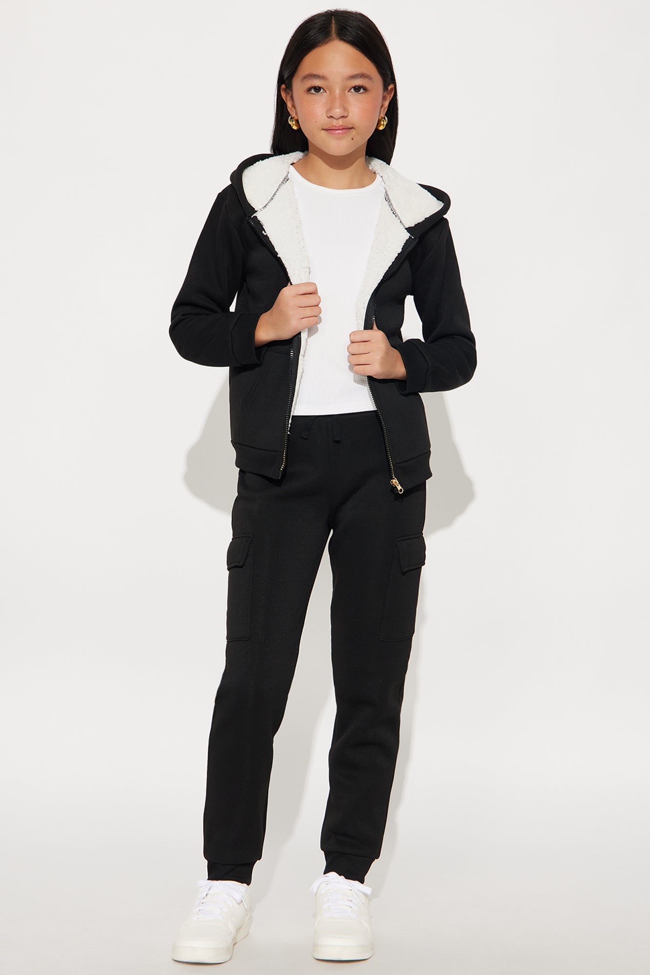 Mini Shayna Sherpa Lined Hoodie And Jogger Pant Set - Black