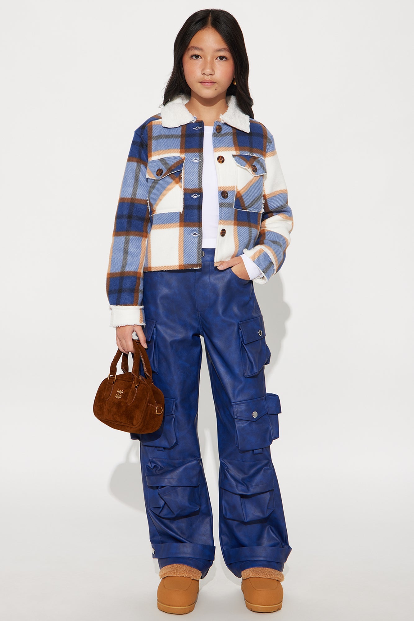Mini Cozier Than You Plaid Sherpa Jacket - Blue