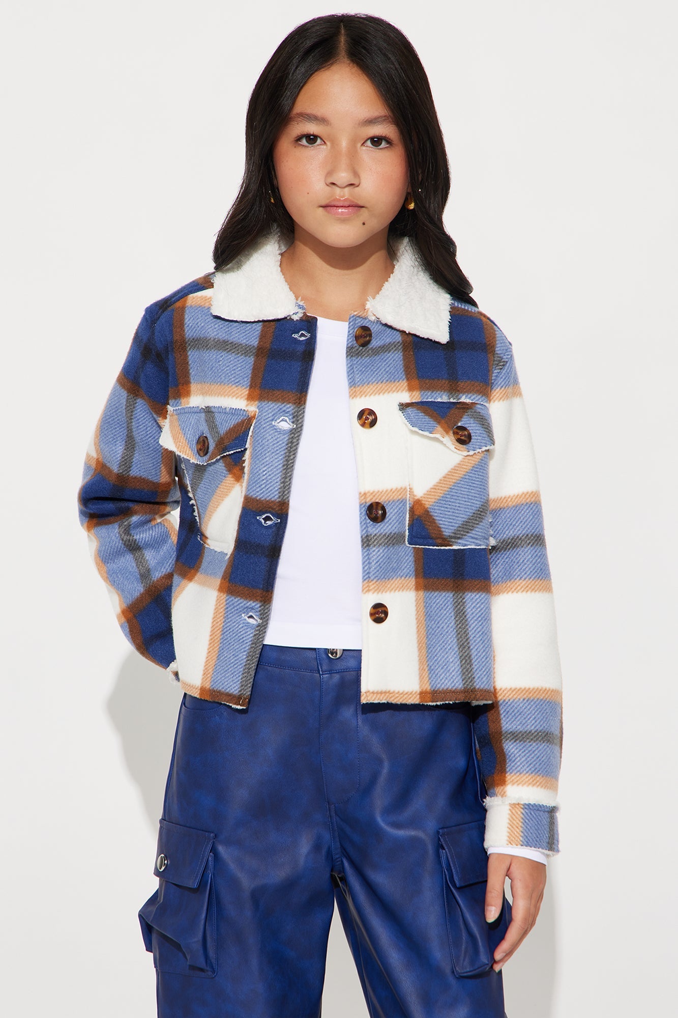 Mini Cozier Than You Plaid Sherpa Jacket - Blue