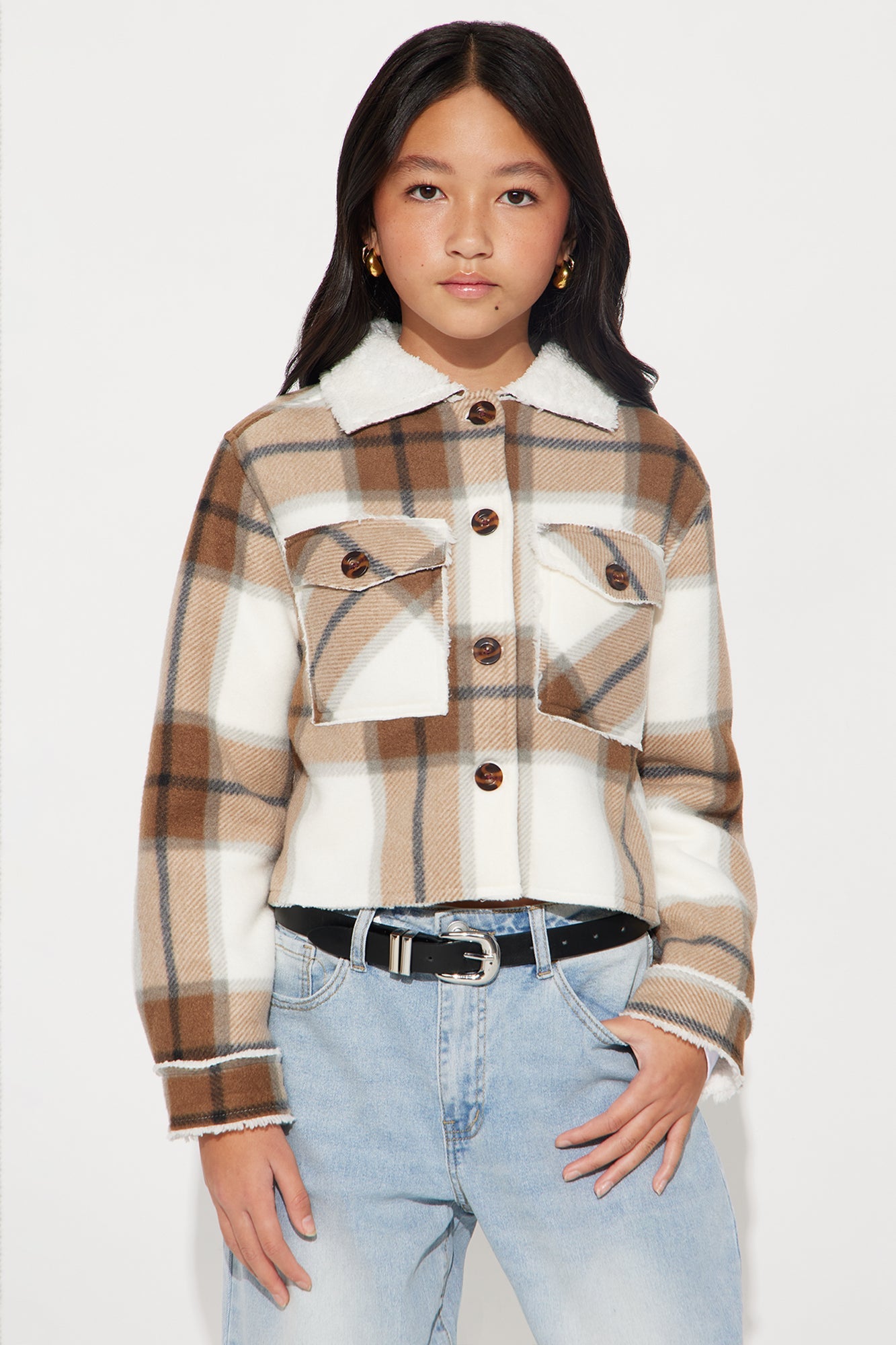 Mini Cozier Than You Plaid Sherpa Jacket - Khaki