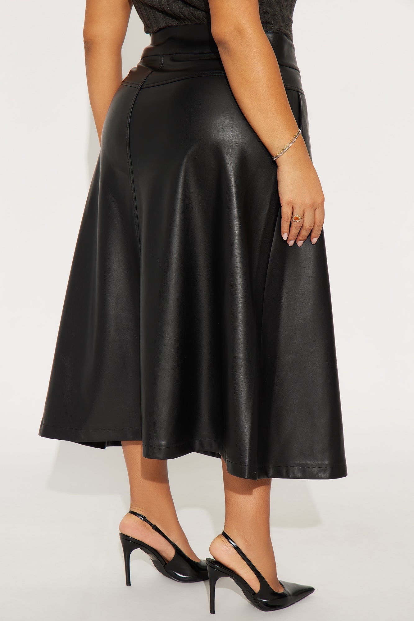 Harper Button Up Faux Leather Tea Midi Skirt - Black
