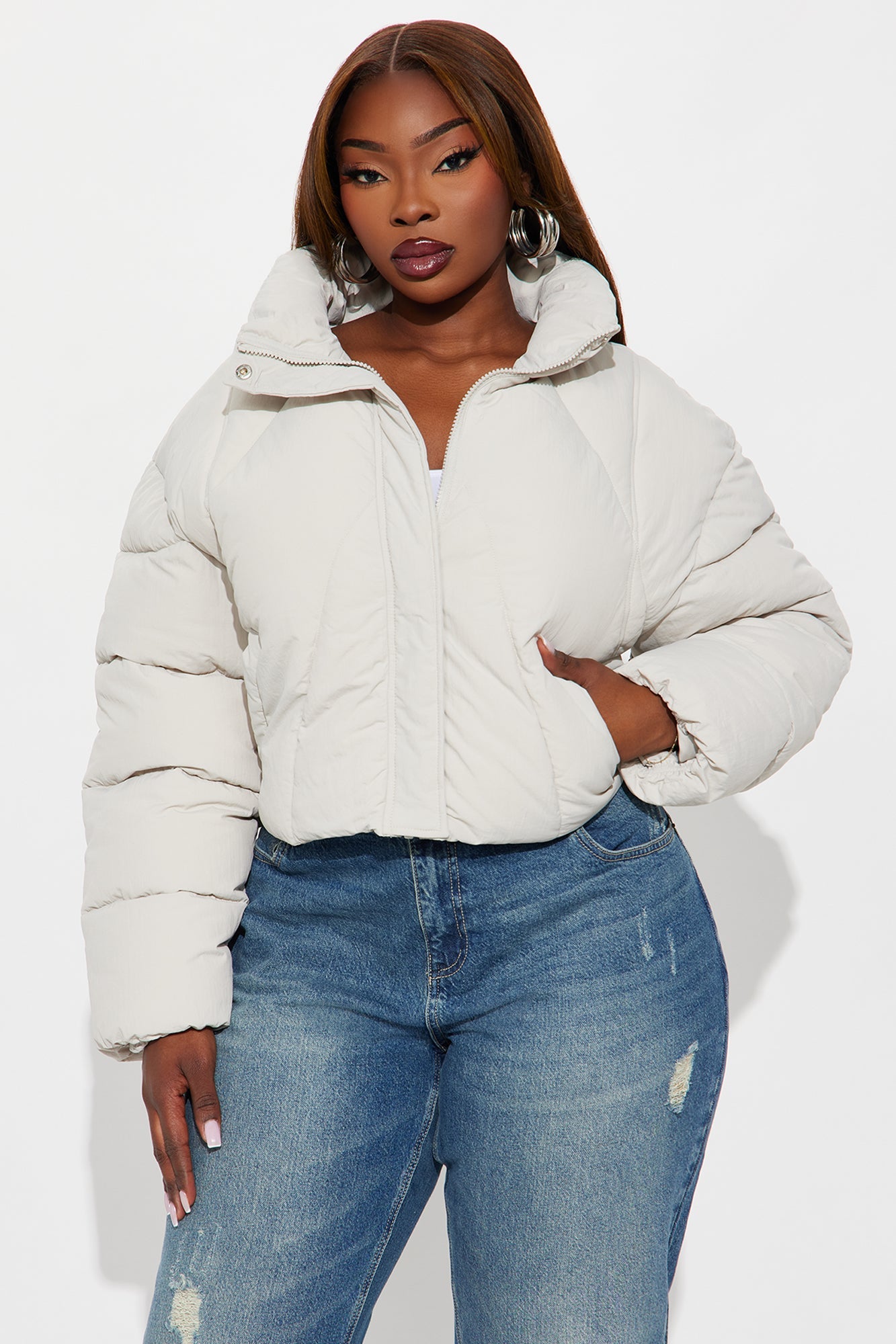 Kendall Cropped Puffer Jacket - Light Grey