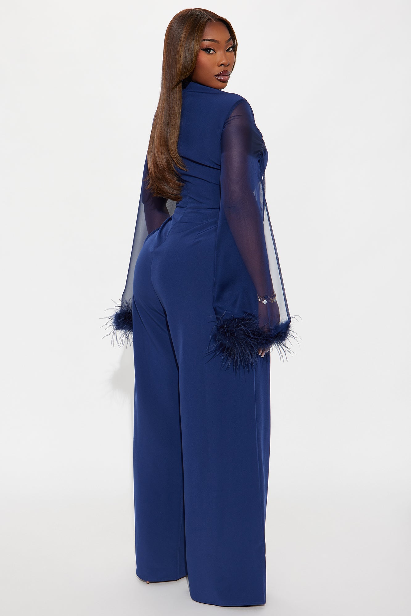 Elle Feather Trim Long Sleeve Wide Leg Jumpsuit - Navy