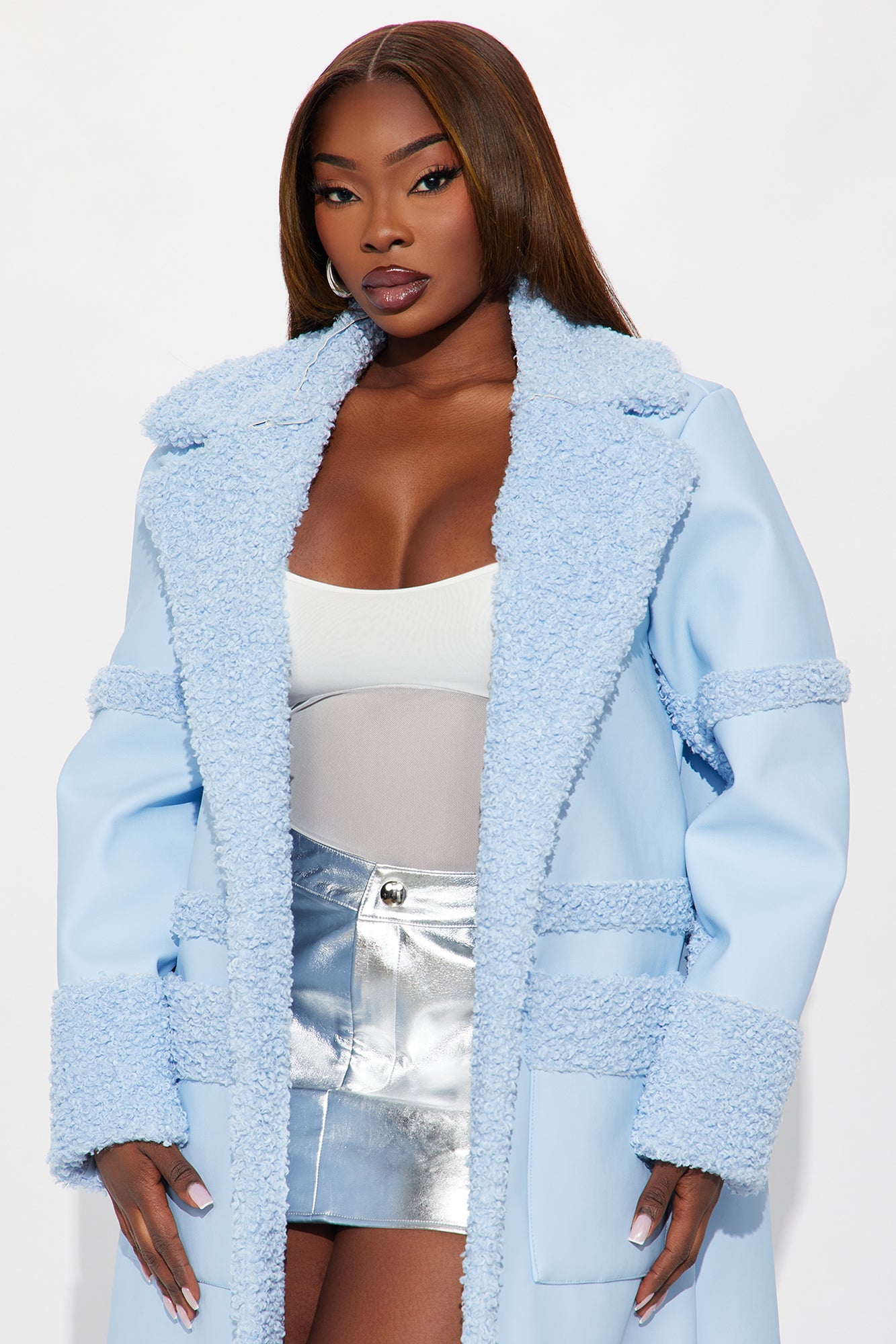 Calling Again Faux Leather Trench Coat - Light Blue