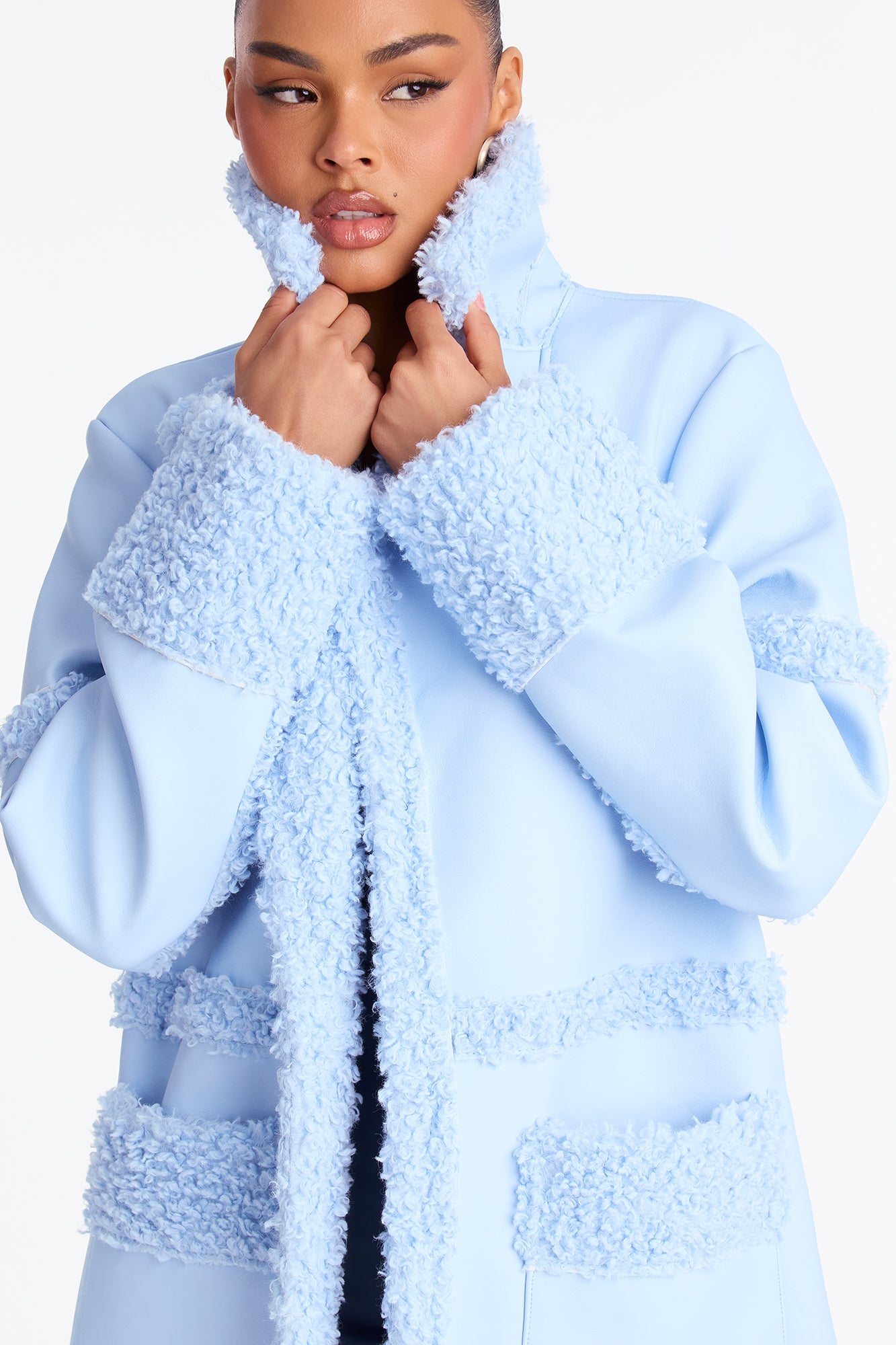 Calling Again Faux Leather Trench Coat - Light Blue