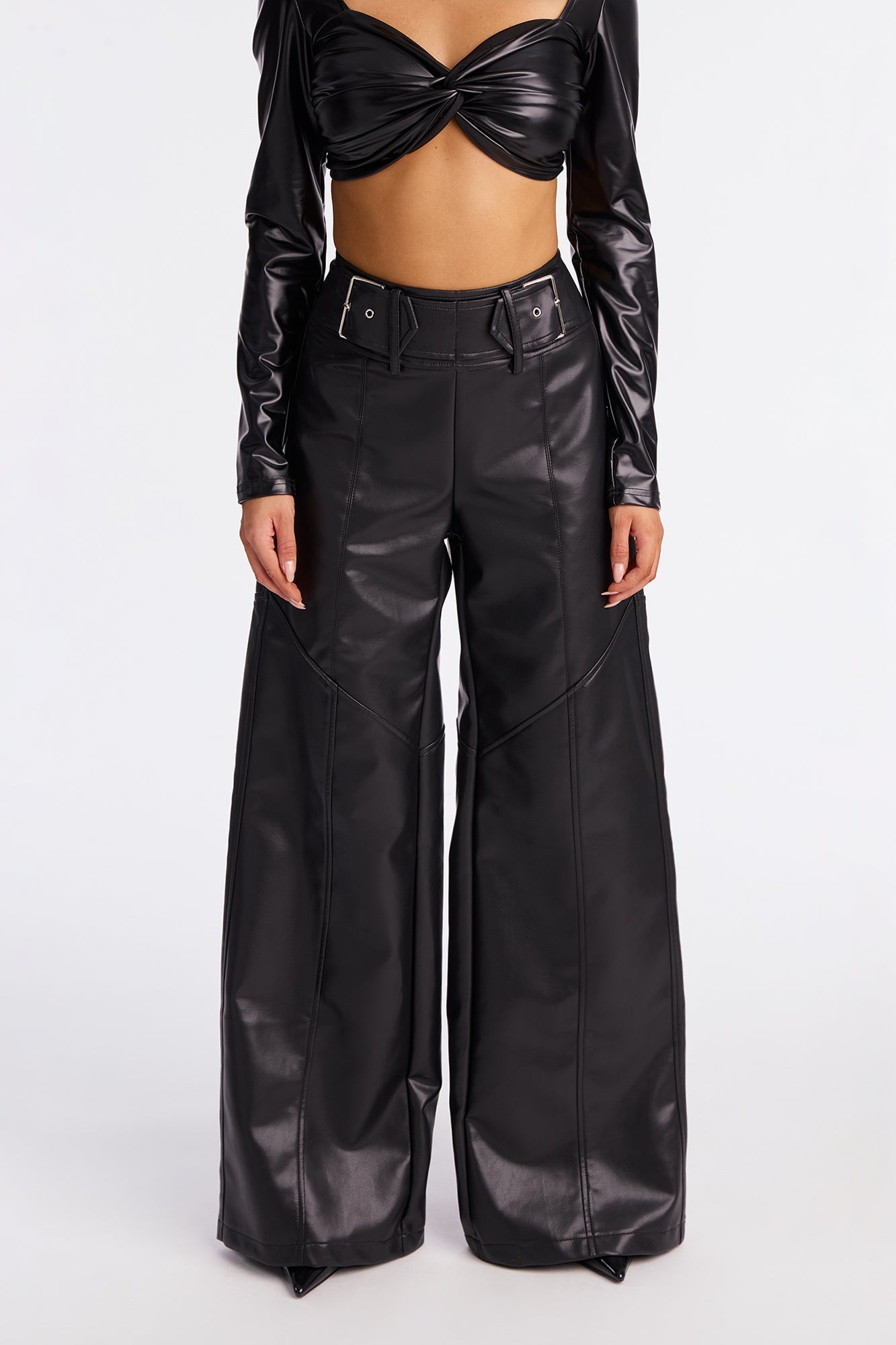 Set In My Ways High Rise Faux Leather Wide Leg Pant 33 - Black