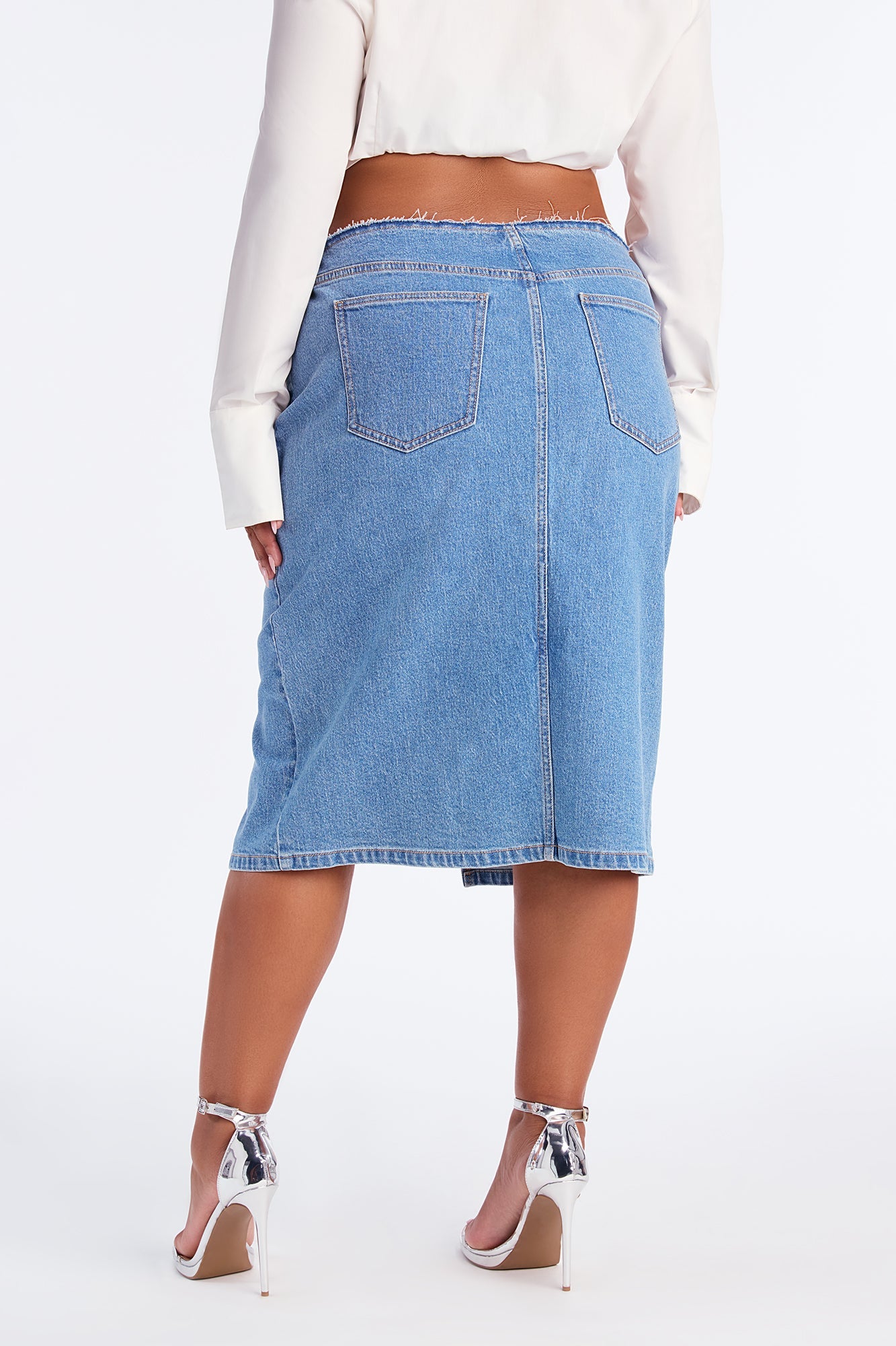 Sierra Deconstructed Waistband Denim Midi Skirt - Medium Wash