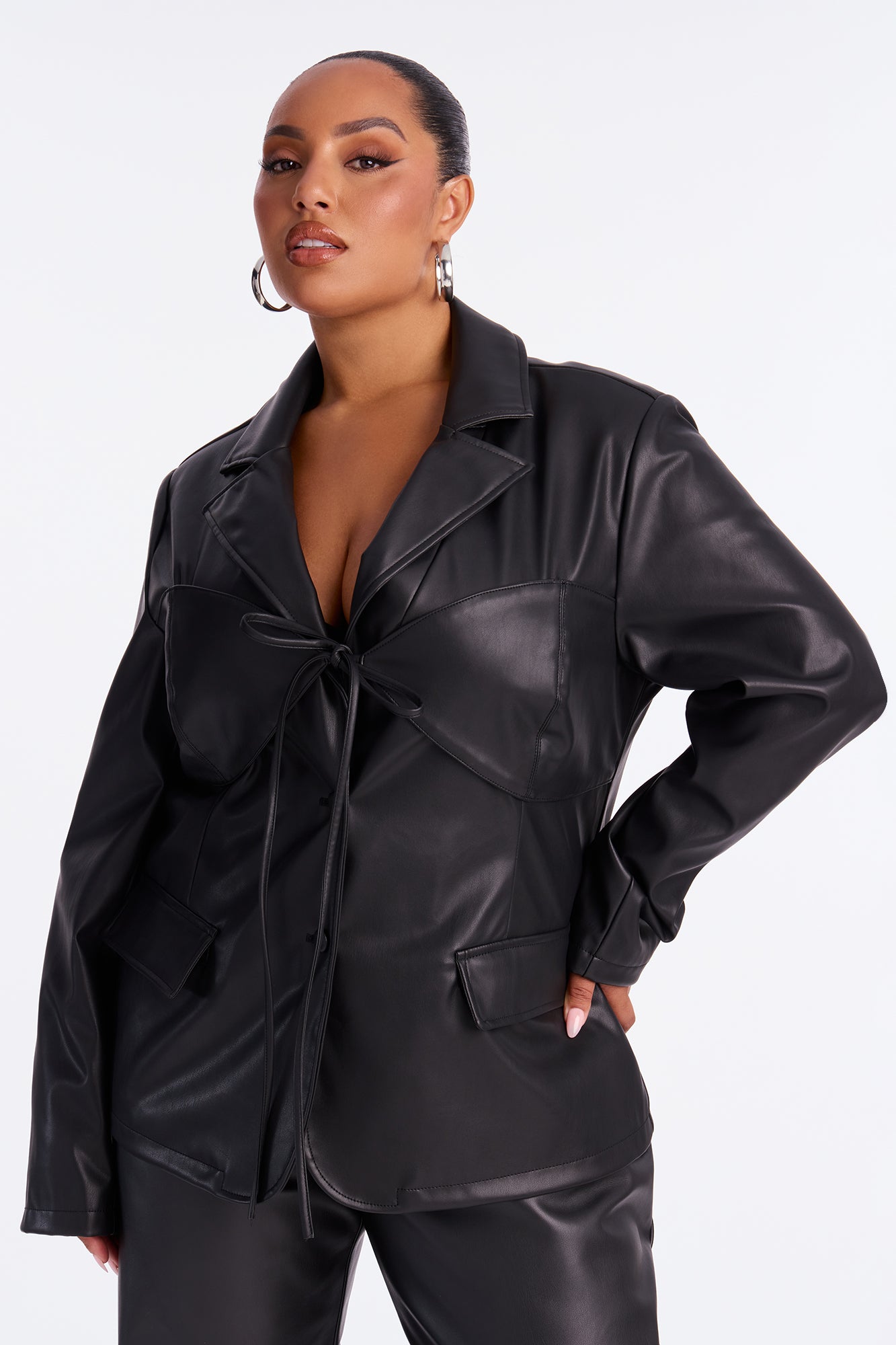 Mixed Emotions Tie Front Faux Leather Blazer - Black