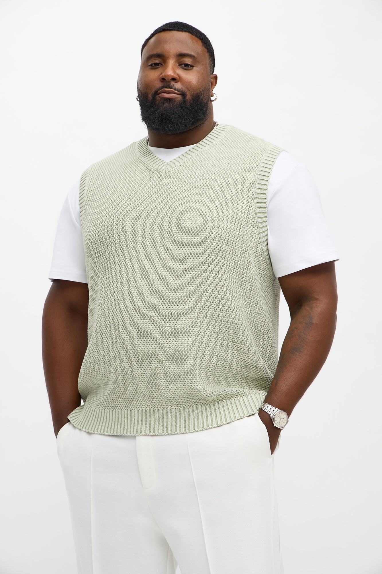 Textured Preppy Sweater Vest - Sage