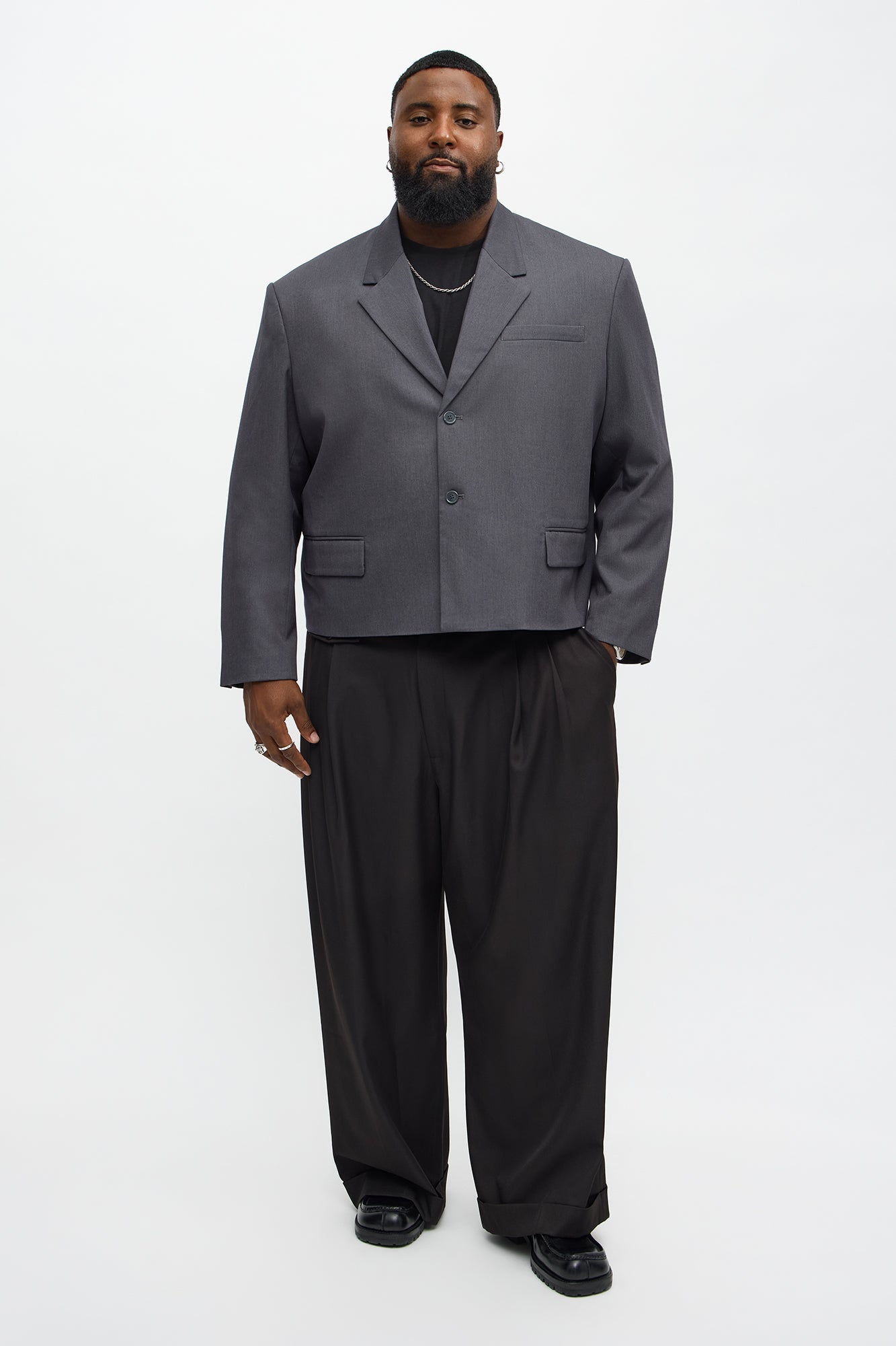 Gabardine Boxy Cropped Single Breasted Blazer - Charcoal