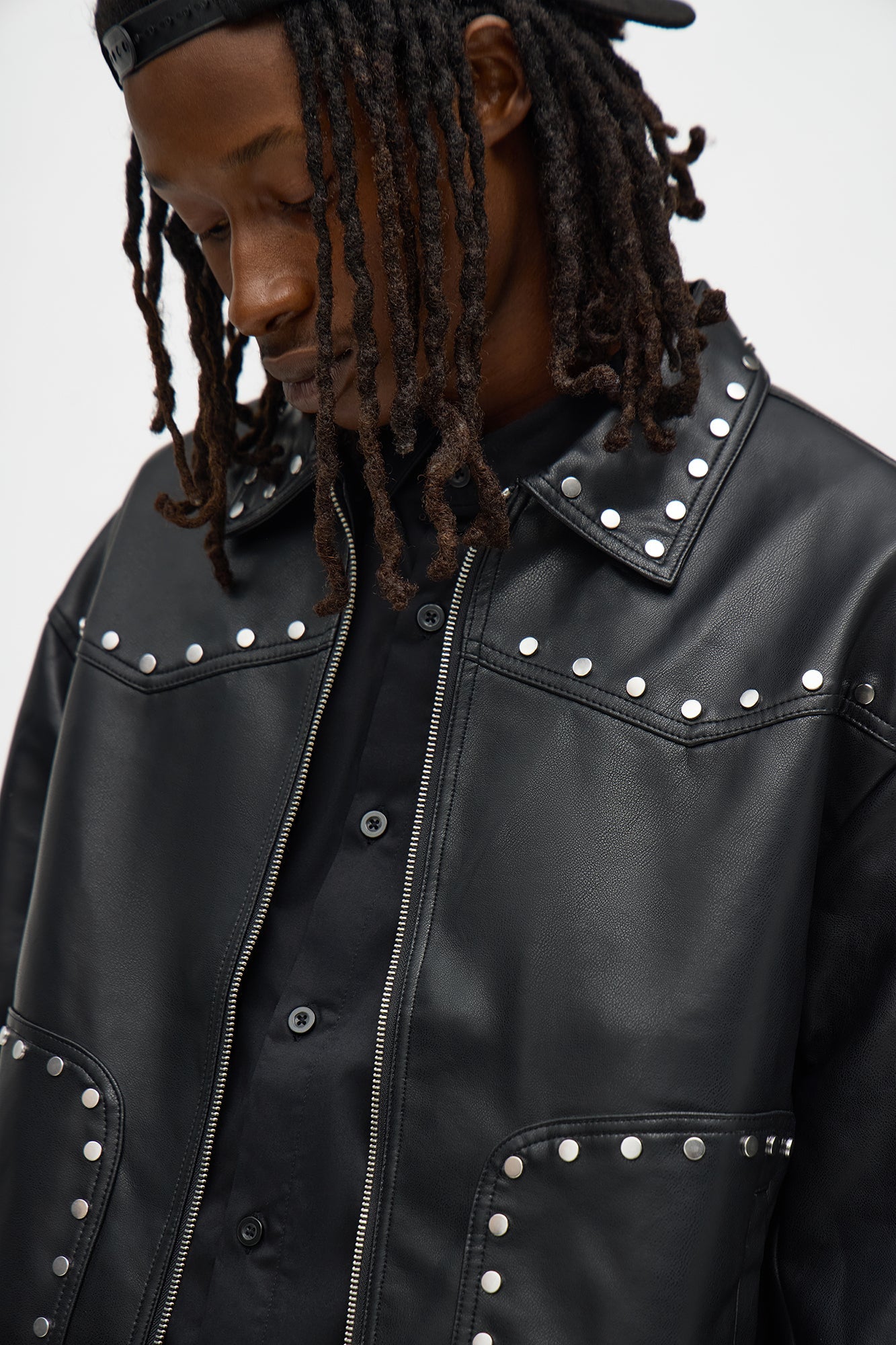 Relaxed Riff Studded Faux Leather Bomber Jacket - Black