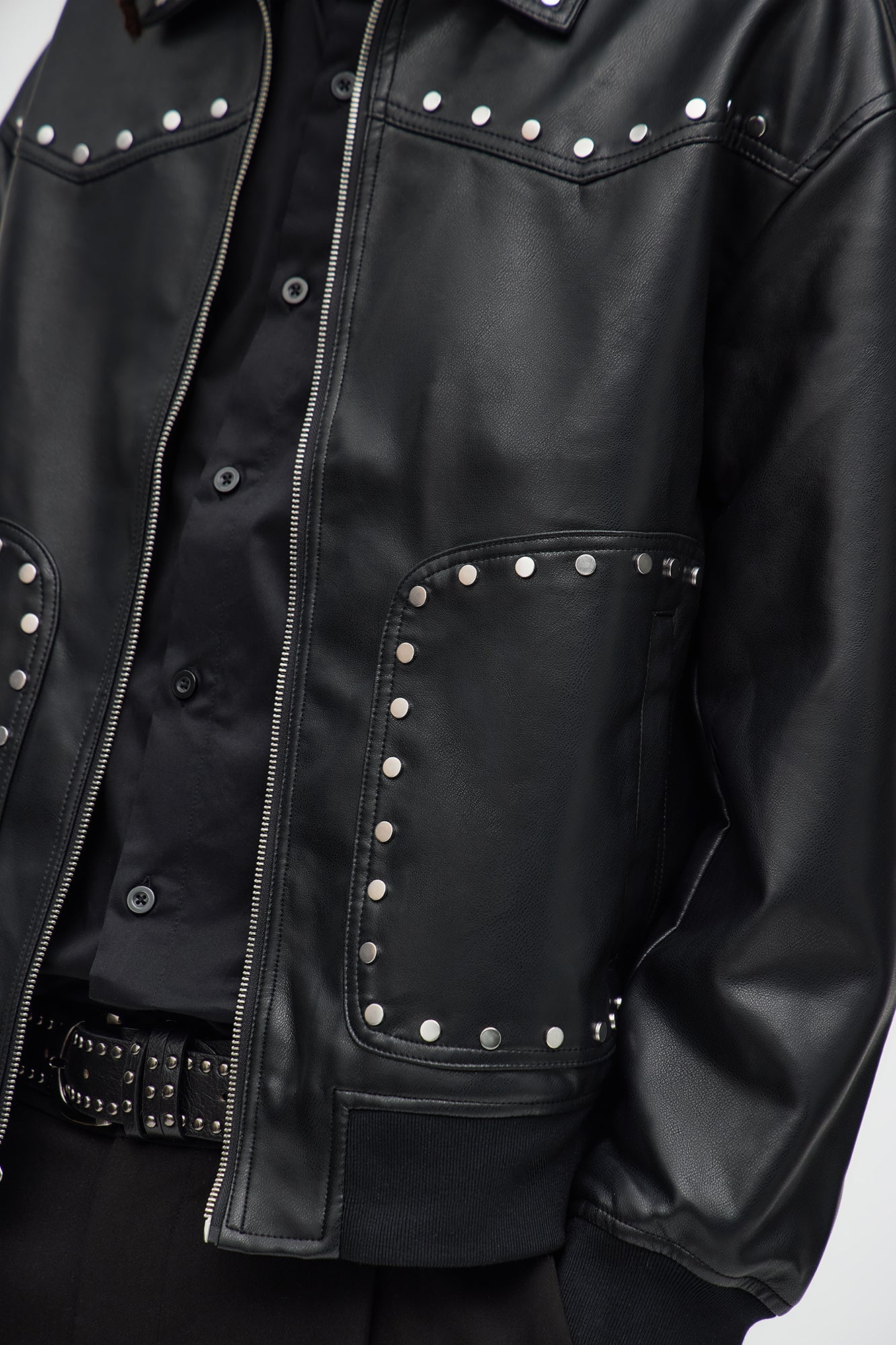 Relaxed Riff Studded Faux Leather Bomber Jacket - Black