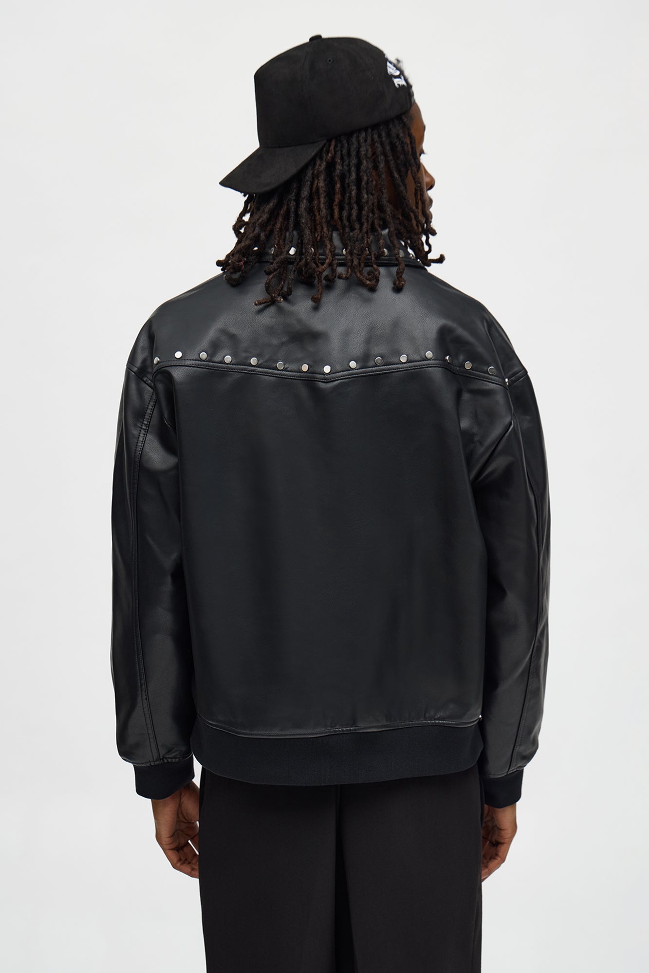 Relaxed Riff Studded Faux Leather Bomber Jacket - Black