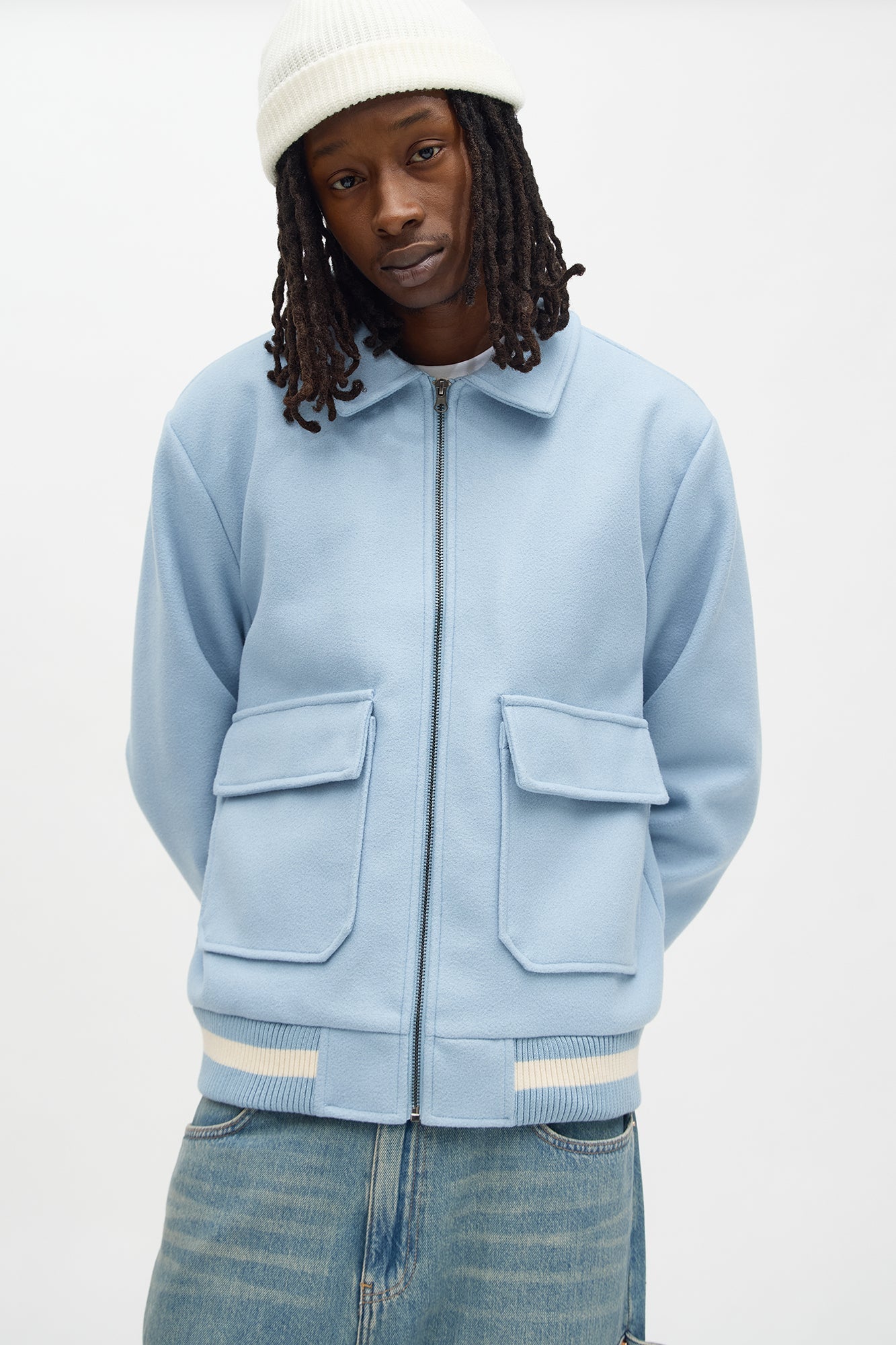 Retro Rib Wool Varsity Jacket - Light Blue