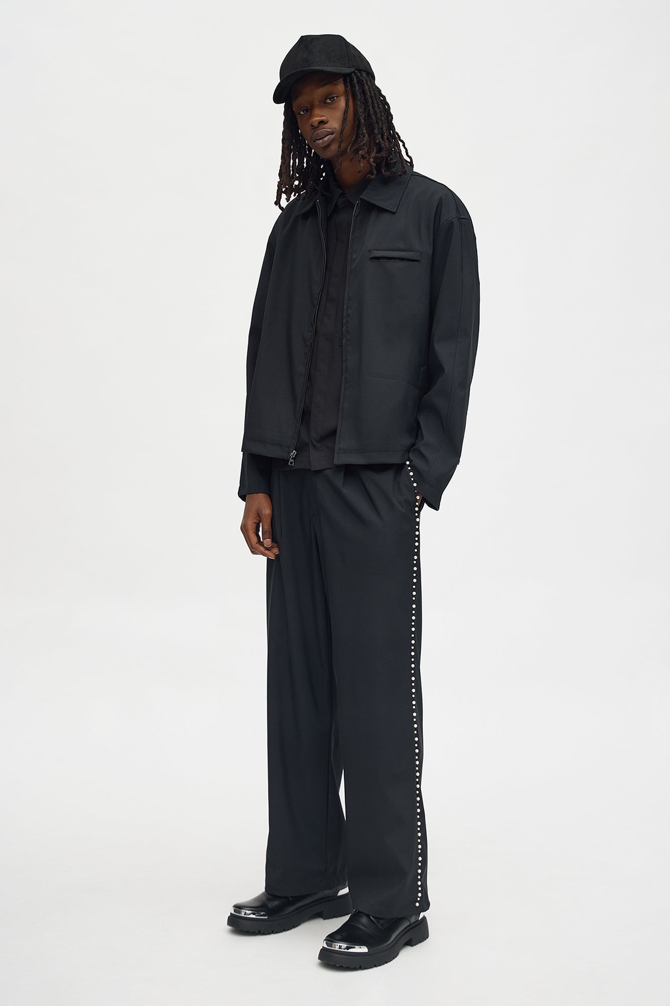 Cropped Pearl Work Jacket - Black