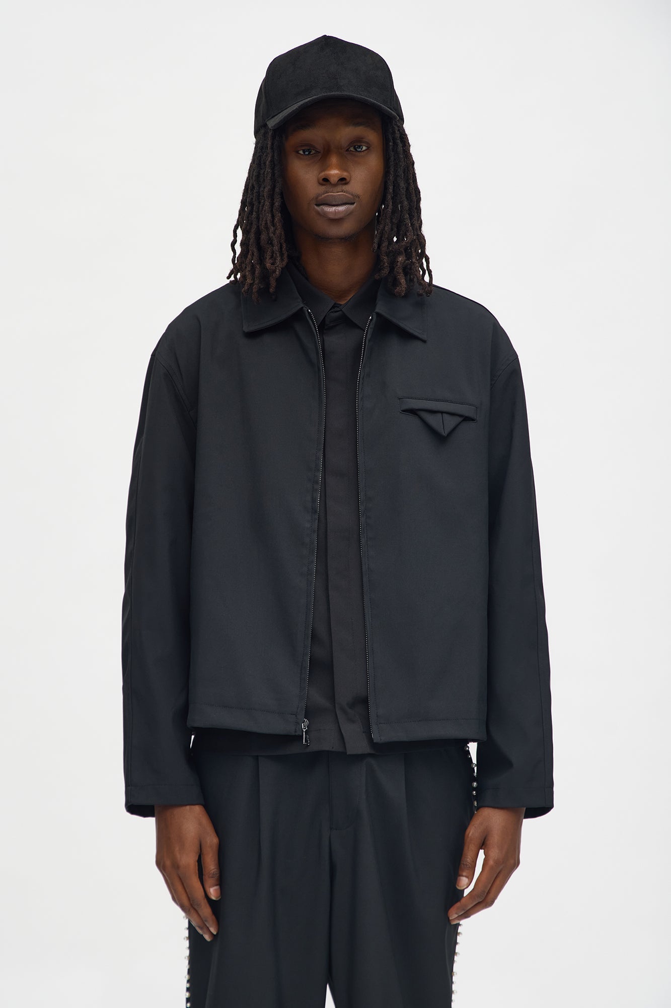 Cropped Pearl Work Jacket - Black