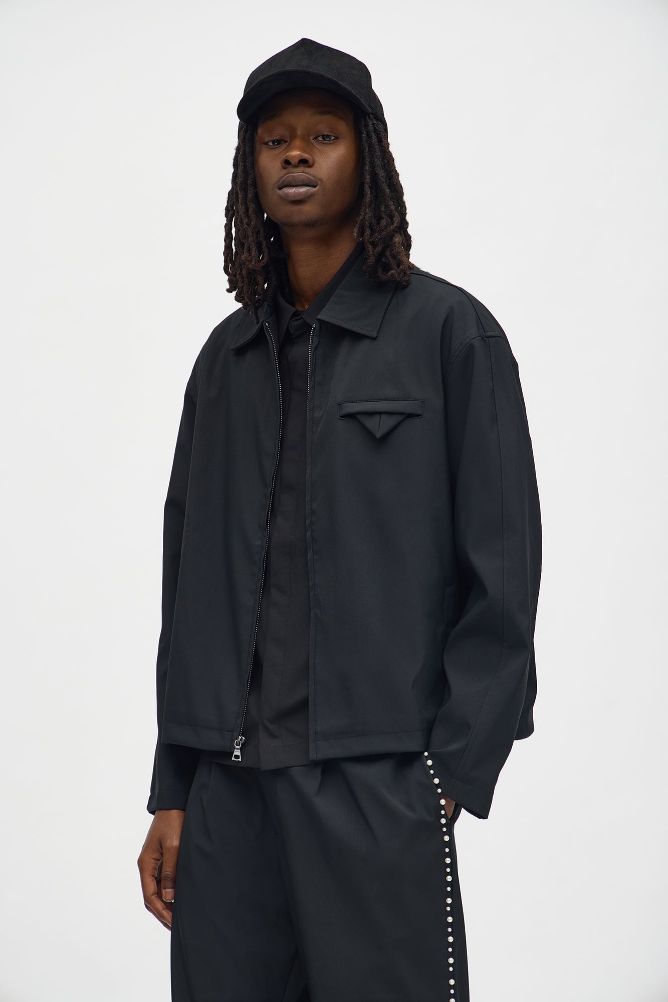 Cropped Pearl Work Jacket - Black