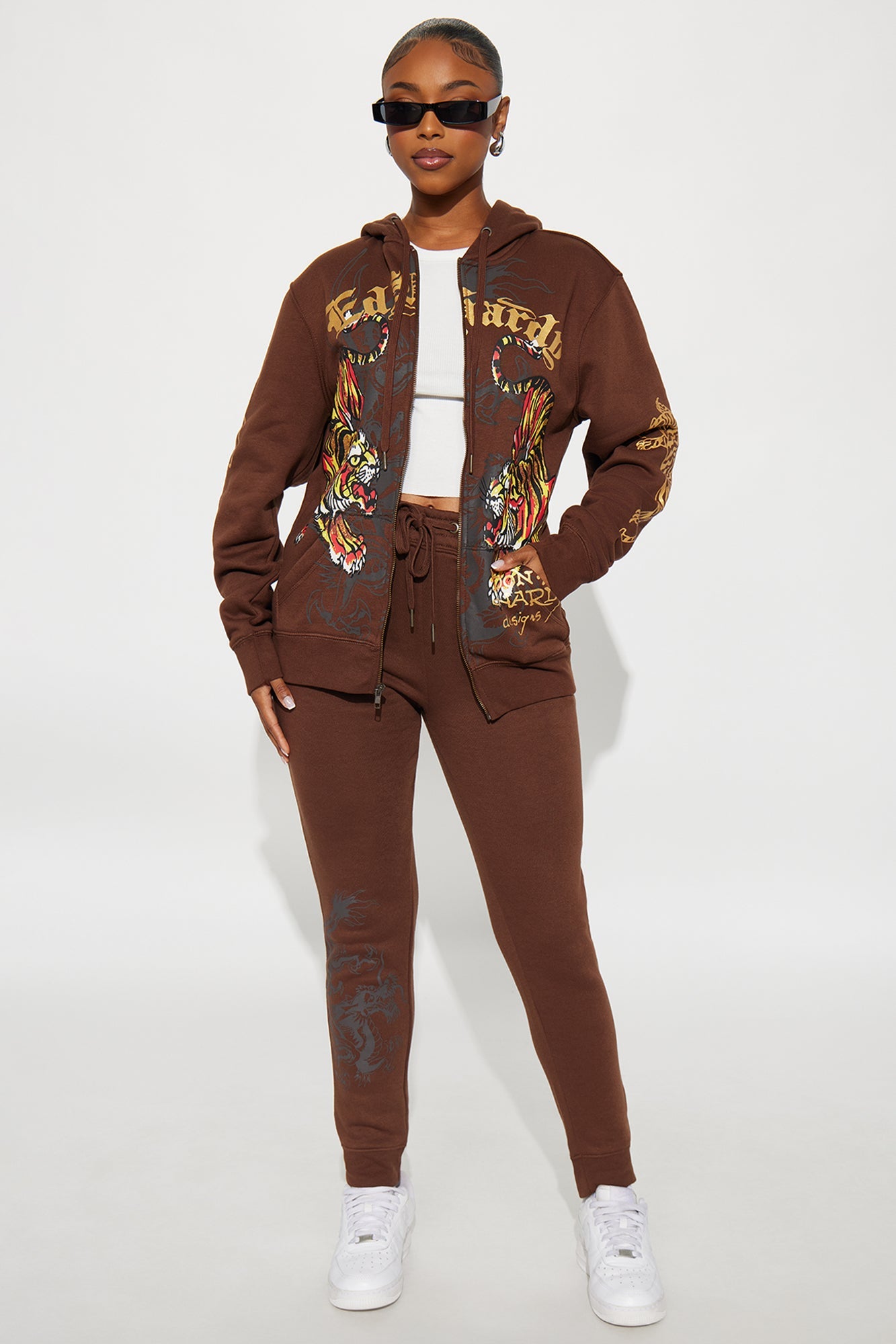 Ed Hardy Double Take Tiger Zip Up Hoodie - Brown