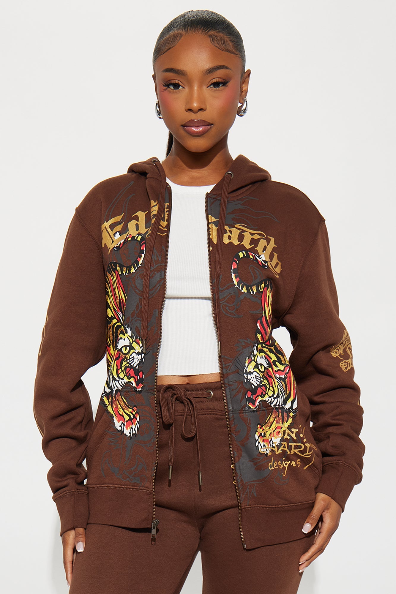 Ed Hardy Double Take Tiger Zip Up Hoodie - Brown