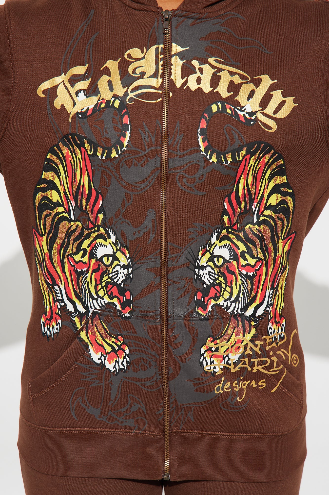 Ed Hardy Double Take Tiger Zip Up Hoodie - Brown