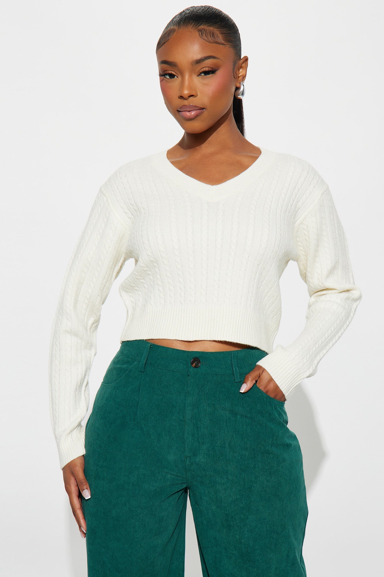 Frosty V Neck Cable Knit Sweater - Ivory