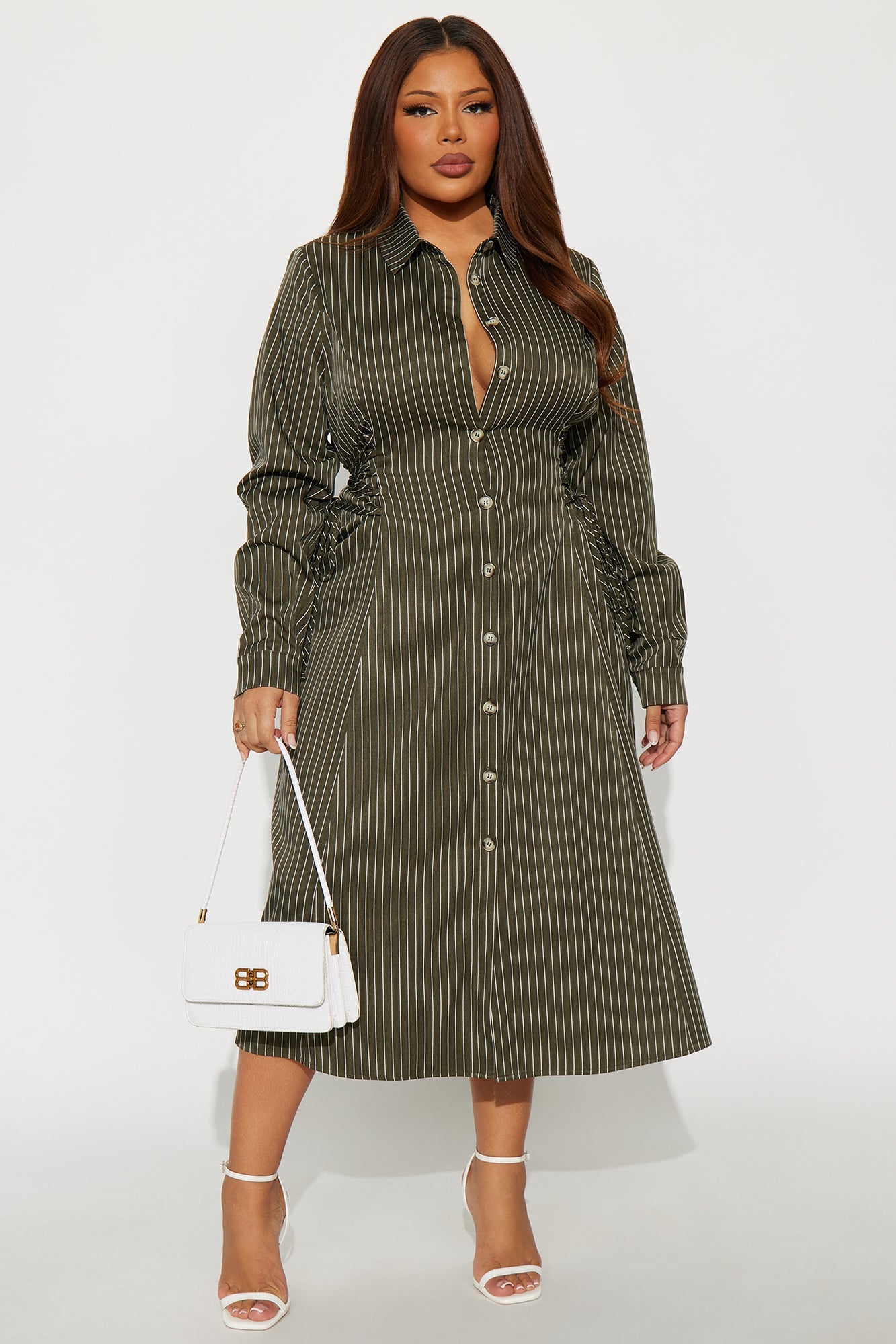 Veda Lace Up Pinstripe Midi Dress - Olive/combo