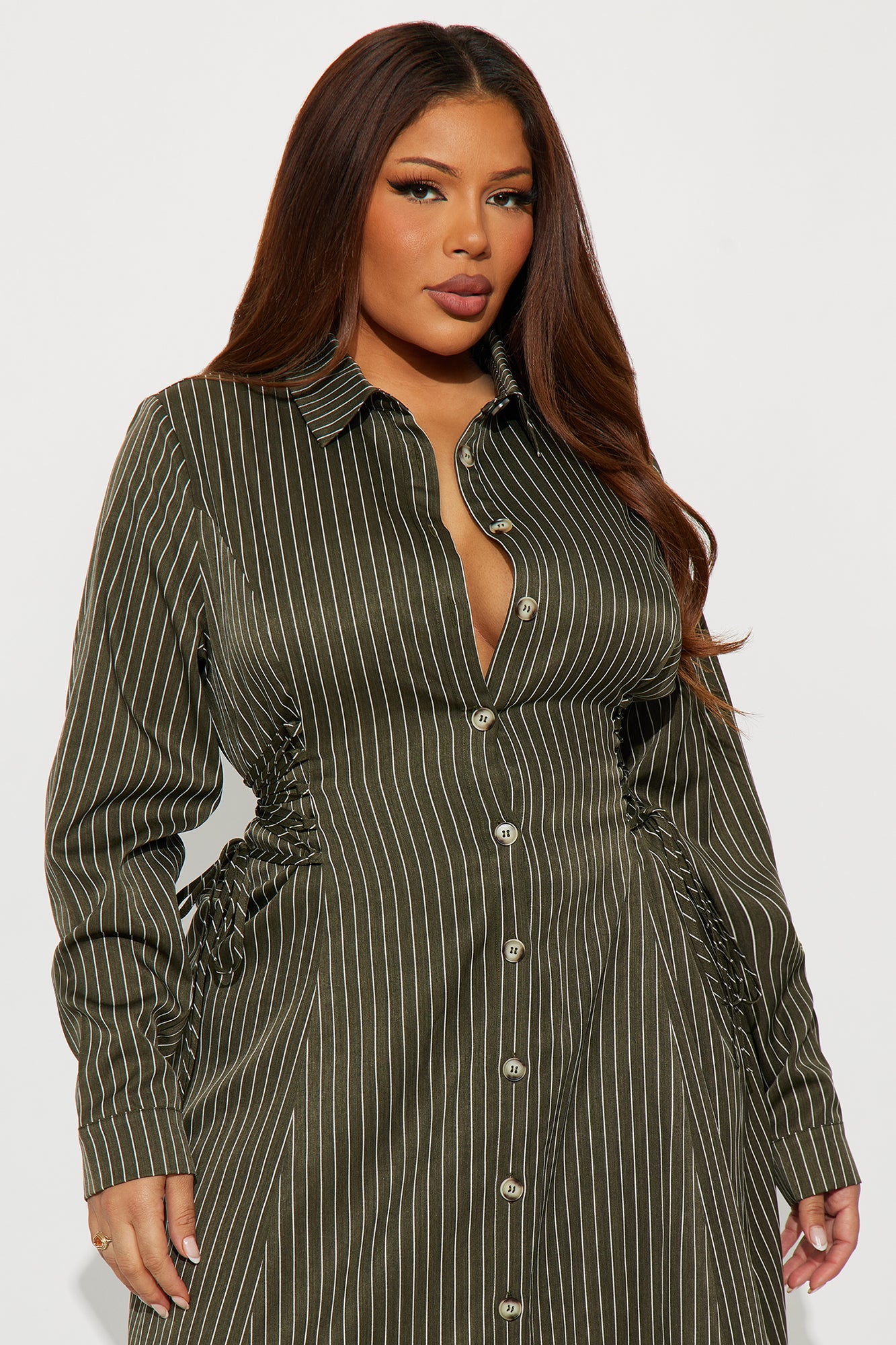 Veda Lace Up Pinstripe Midi Dress - Olive/combo