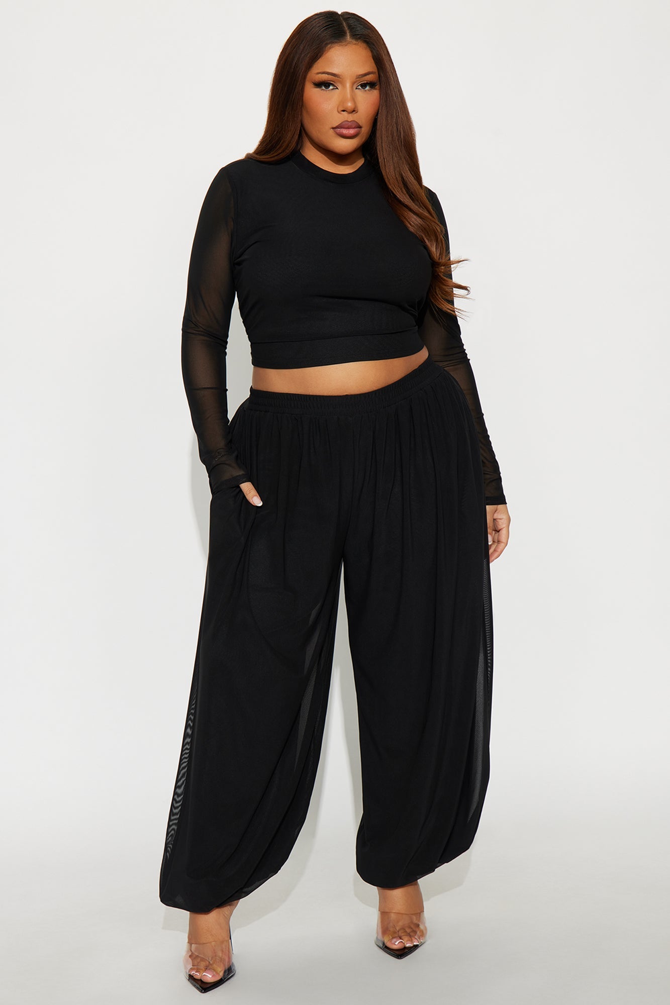 Mariah Mock Neck Mesh Balloon Pant Set - Black