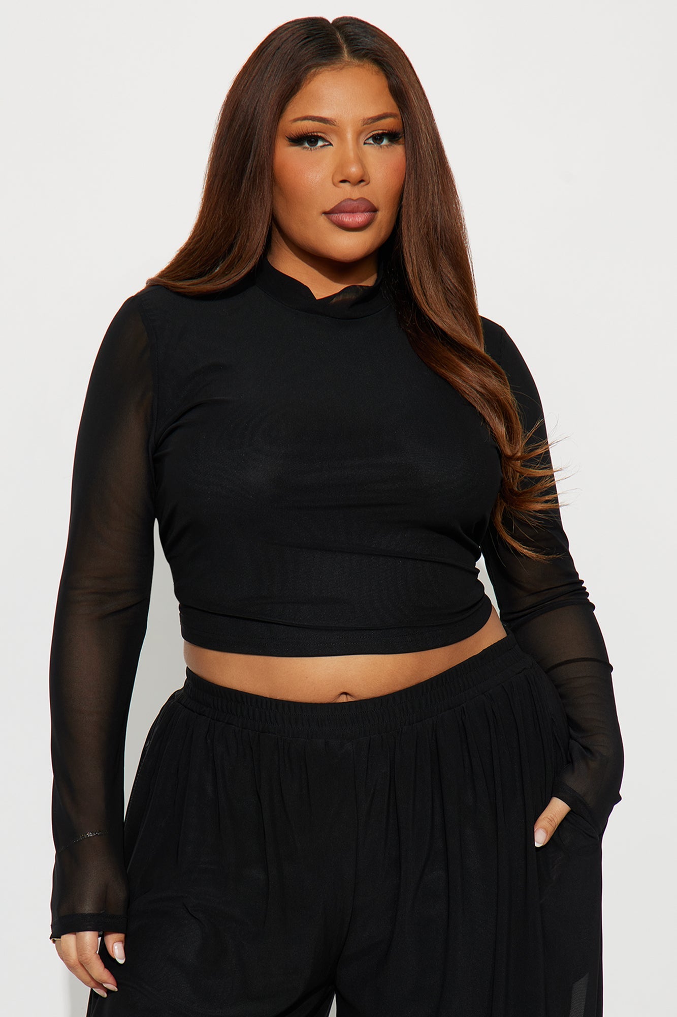 Mariah Mock Neck Mesh Balloon Pant Set - Black
