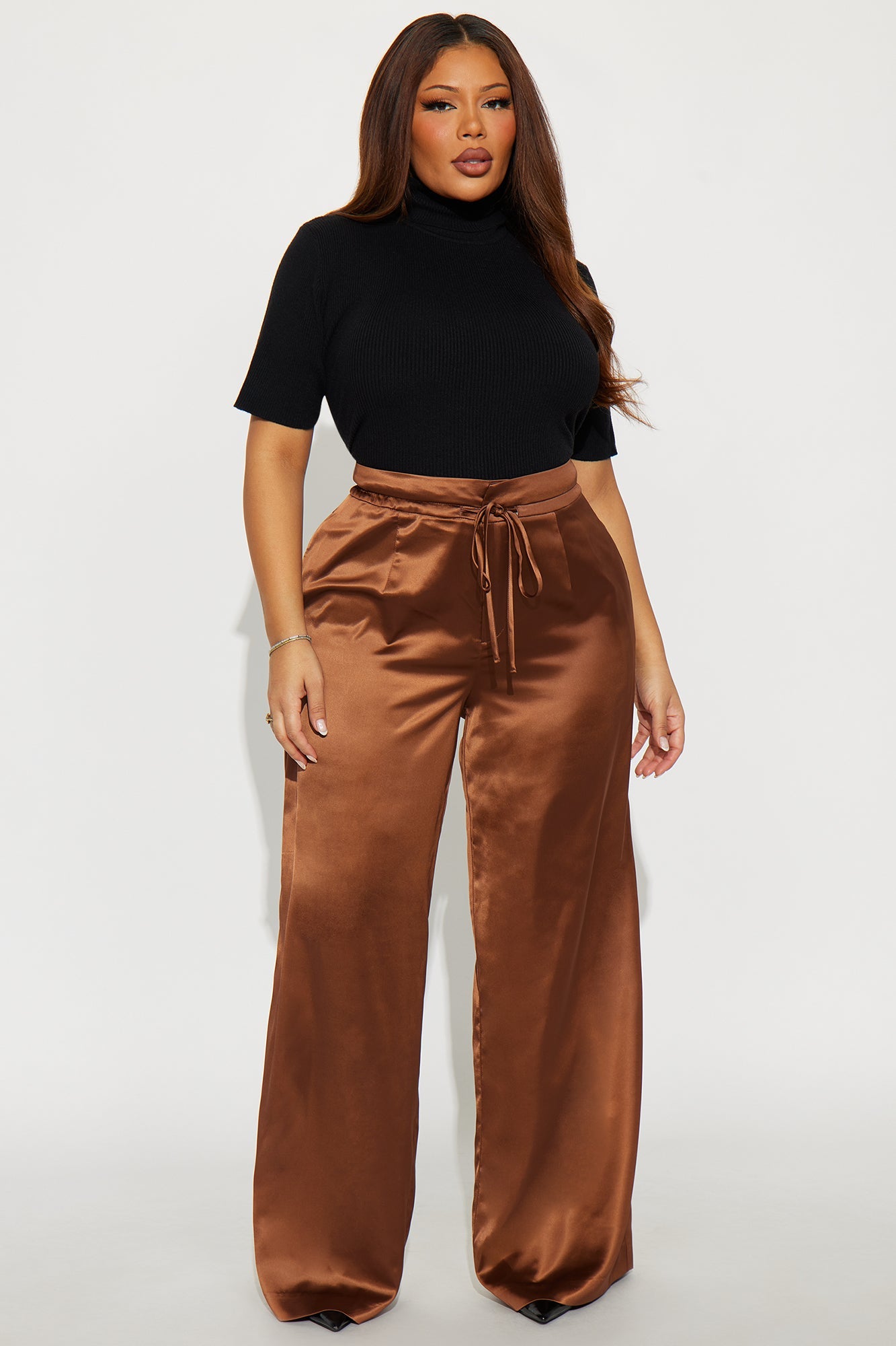 Avani Wide Leg Satin Pant 33 - Brown
