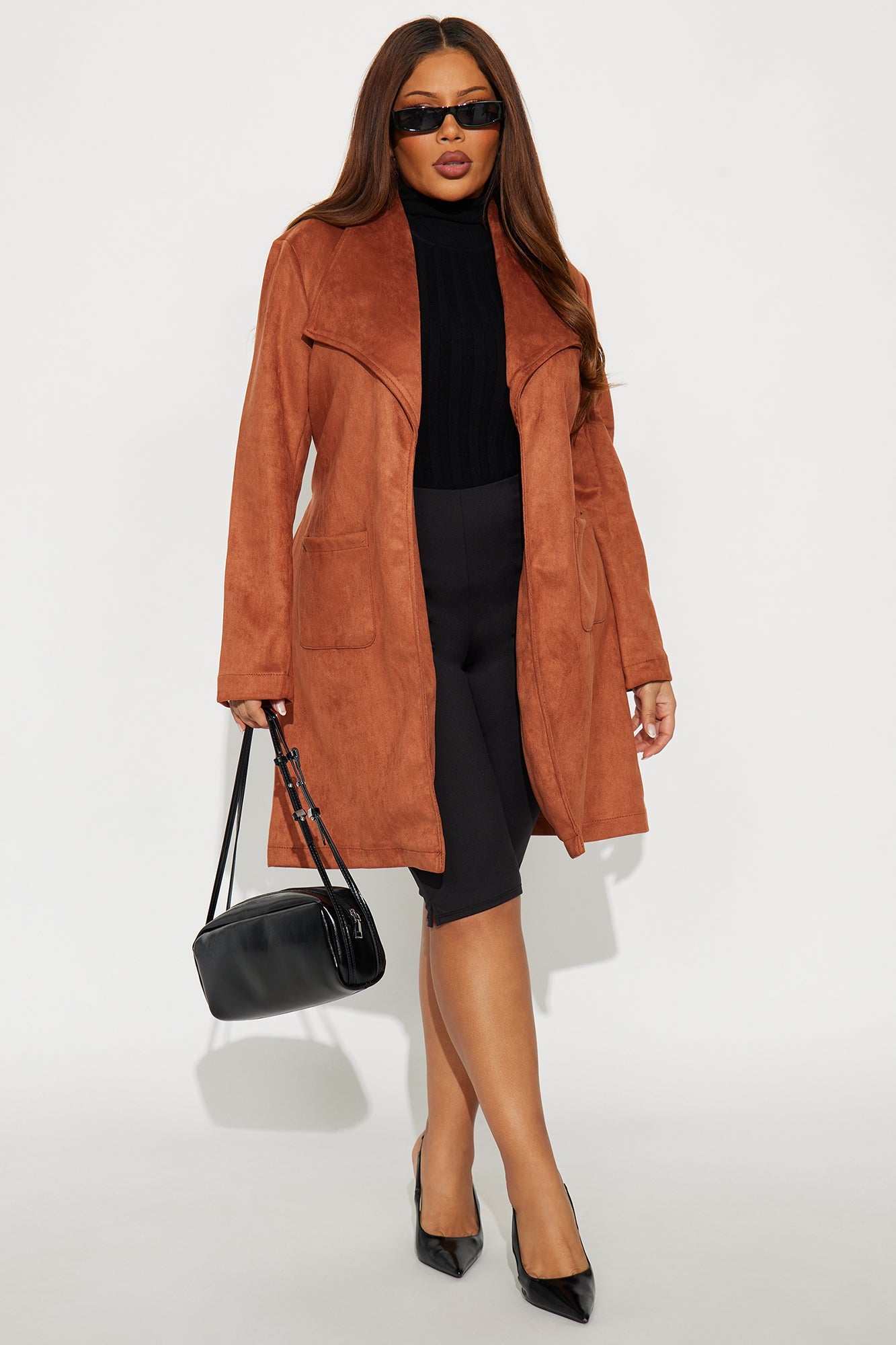 Gia Faux Suede Trench Coat - Cognac
