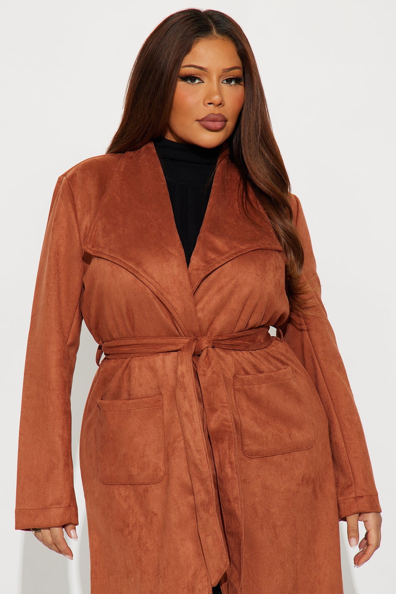 Gia Faux Suede Trench Coat - Cognac