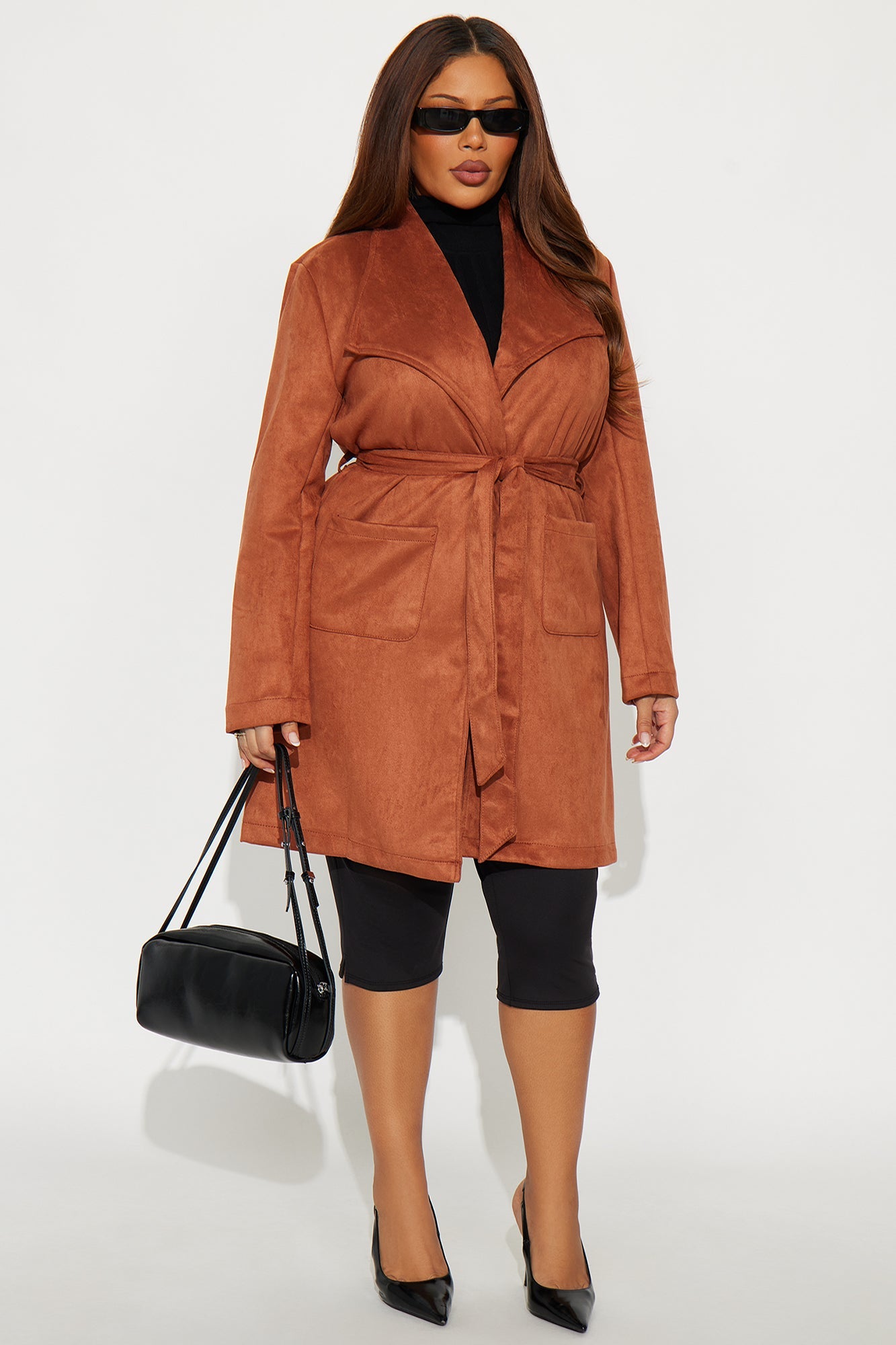 Gia Faux Suede Trench Coat - Cognac
