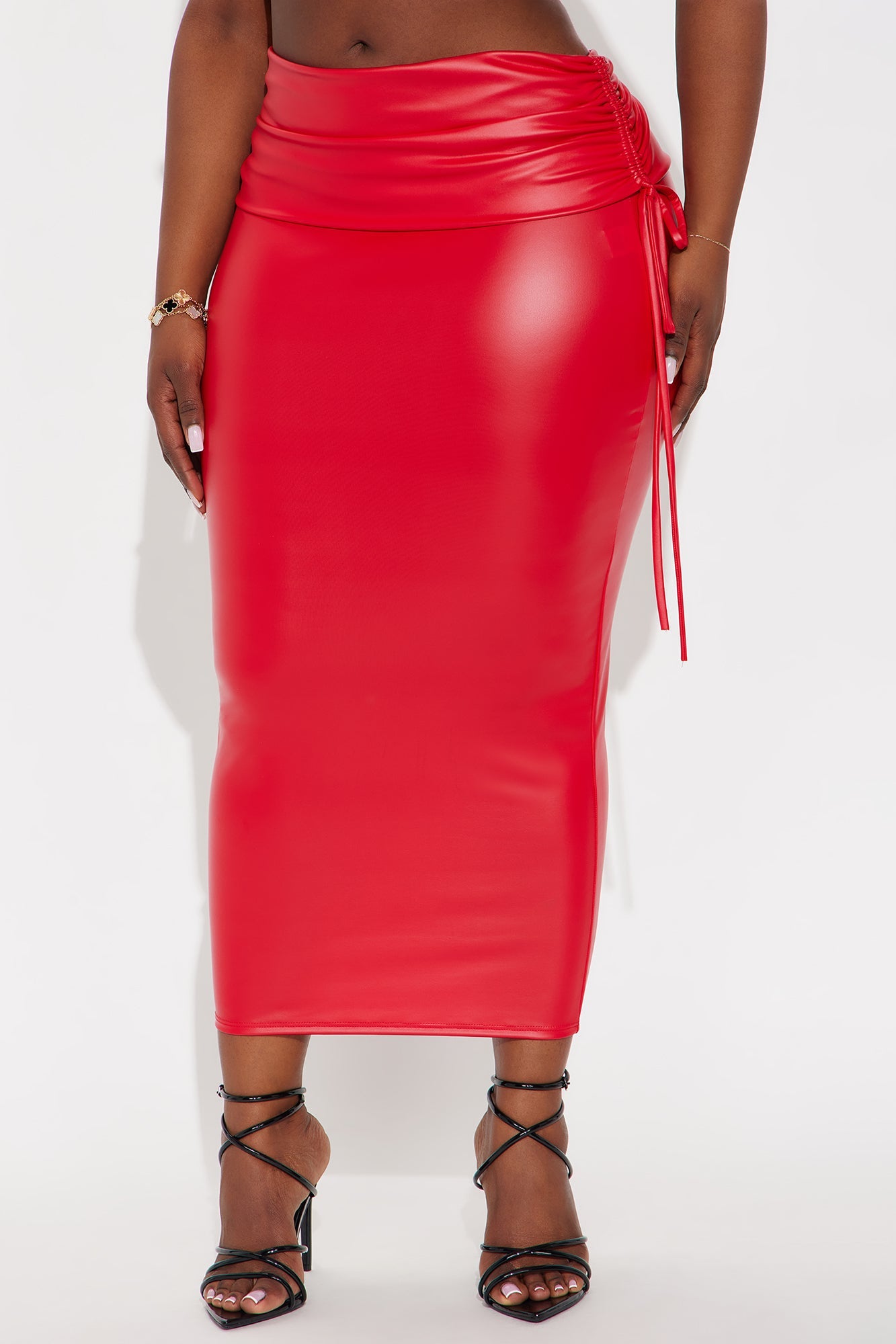 Jade Faux Leather Ruched Midi Skirt - Red