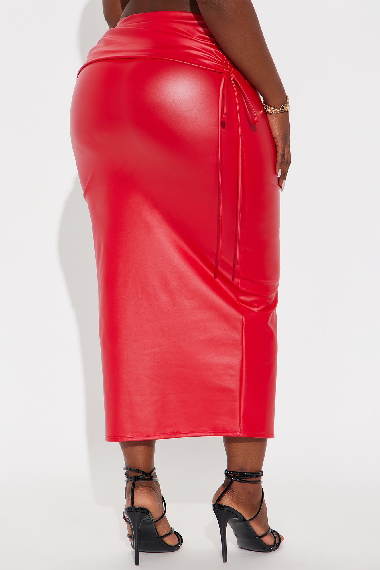 Jade Faux Leather Ruched Midi Skirt - Red