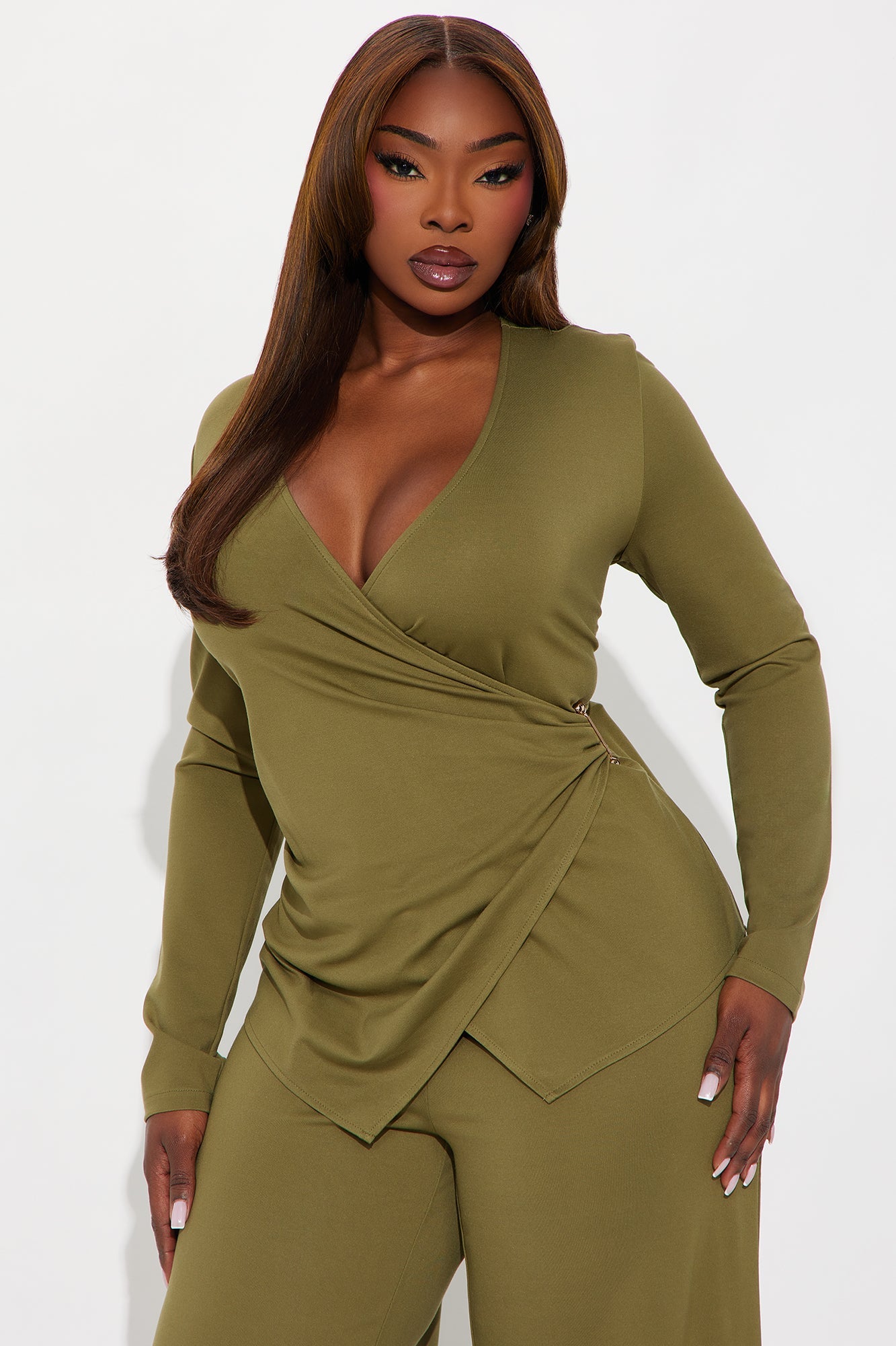 Helena Wrap Top And Wide Leg Pant Set - Olive