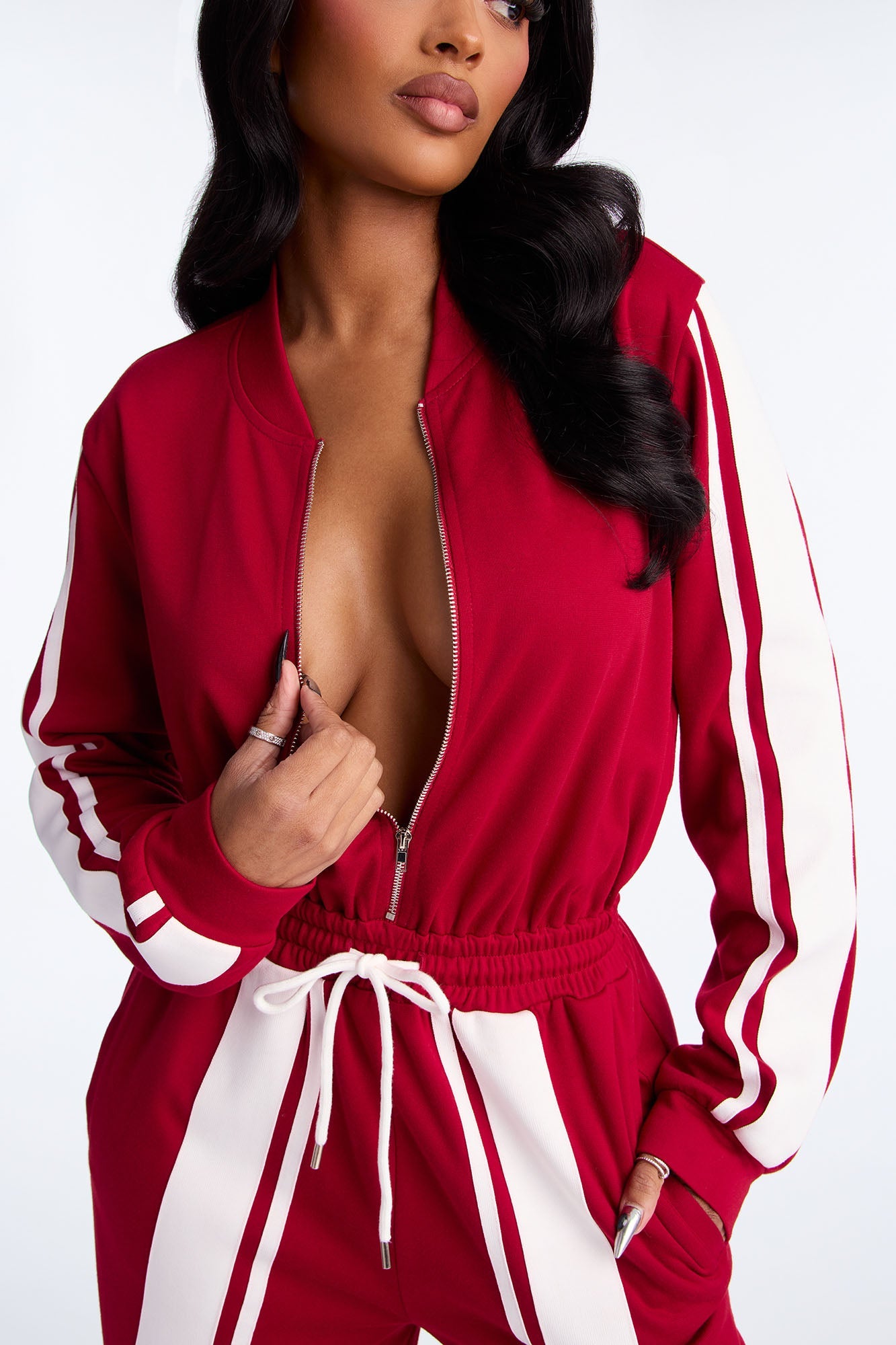Sporty Vibe Long Sleeve Jumpsuit - Red