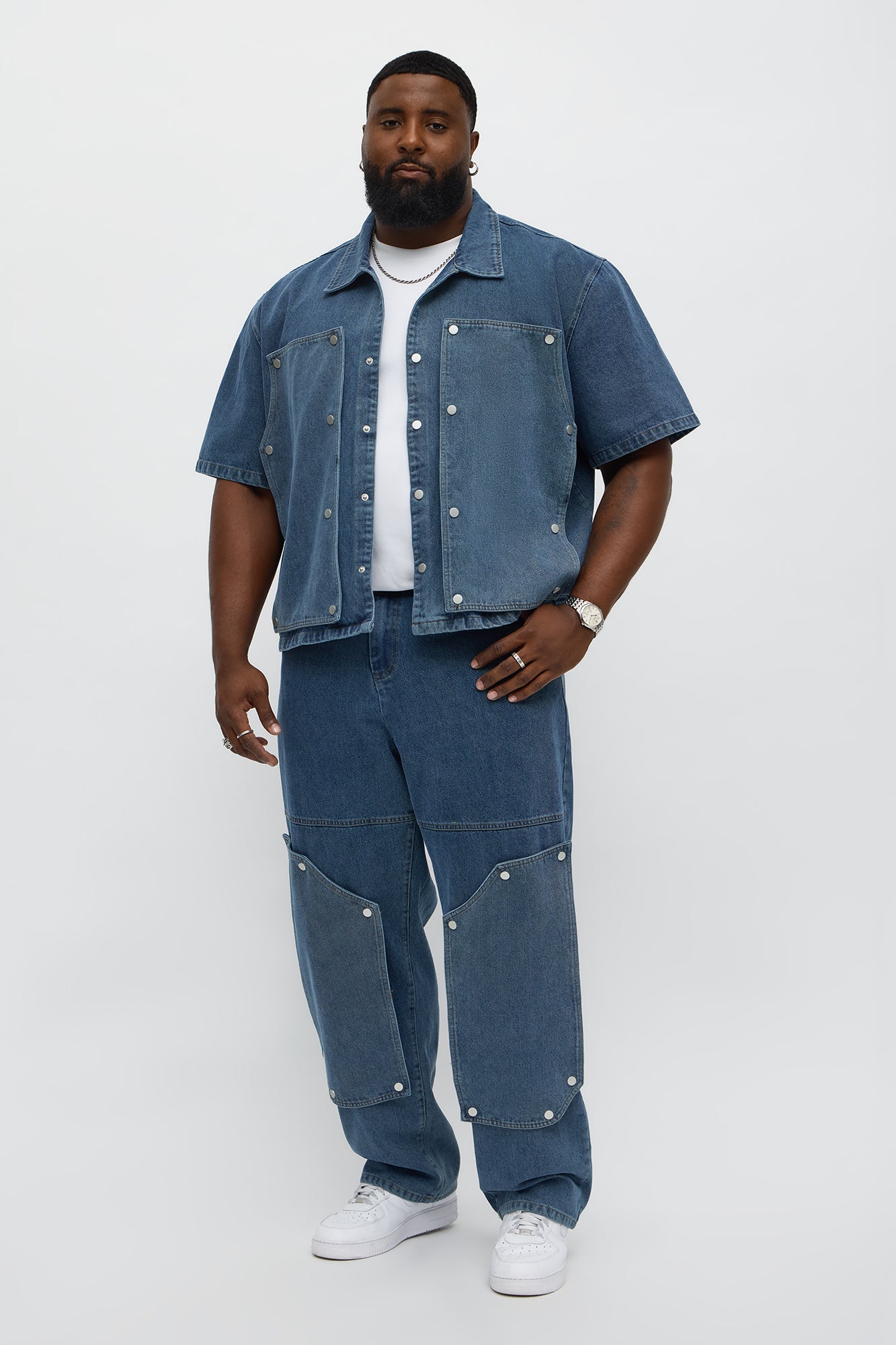 Boxy Utility Snap Panel Button Up Shirt - Dark Wash