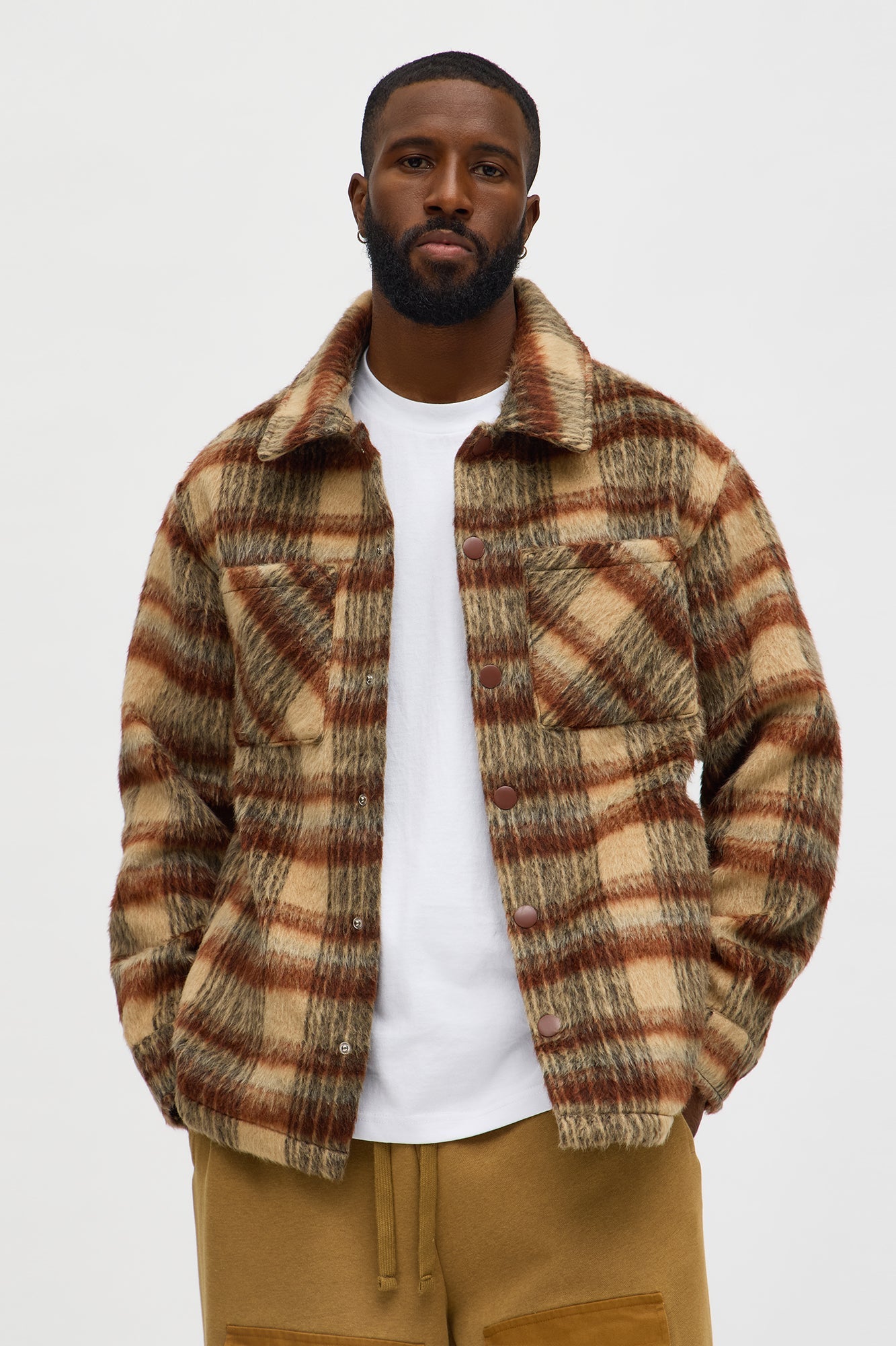 Relaxed Mohair Plaid Shacket - Brown