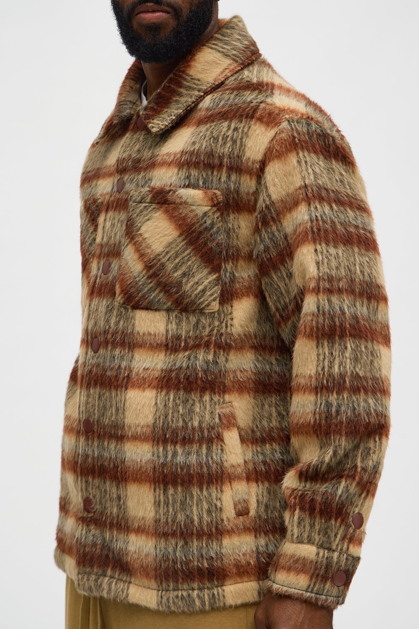 Relaxed Mohair Plaid Shacket - Brown