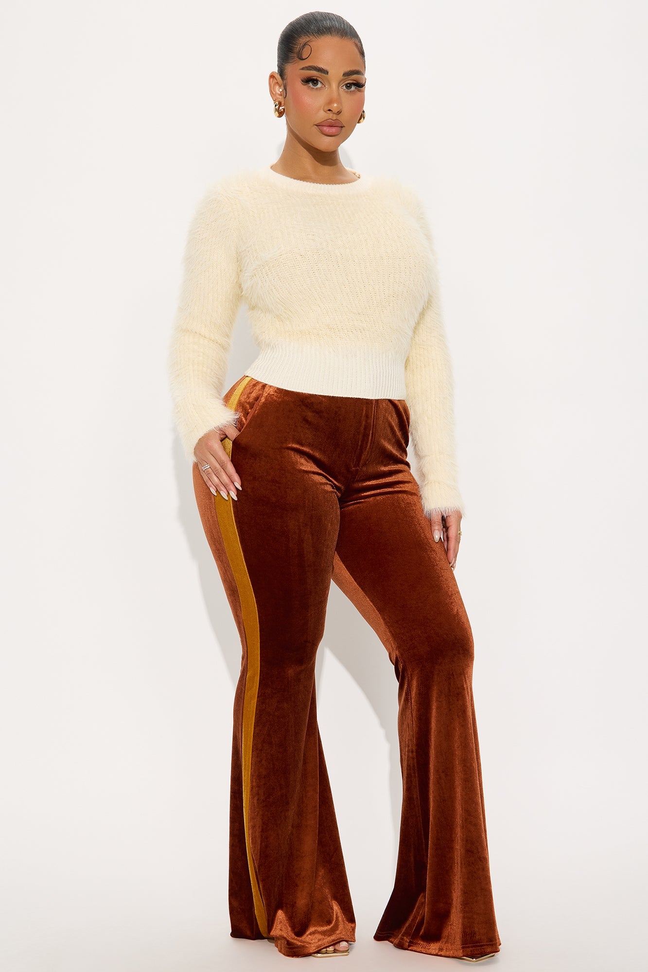 Nathalie Velvet Flare Leg Pant 33 - Brown/combo