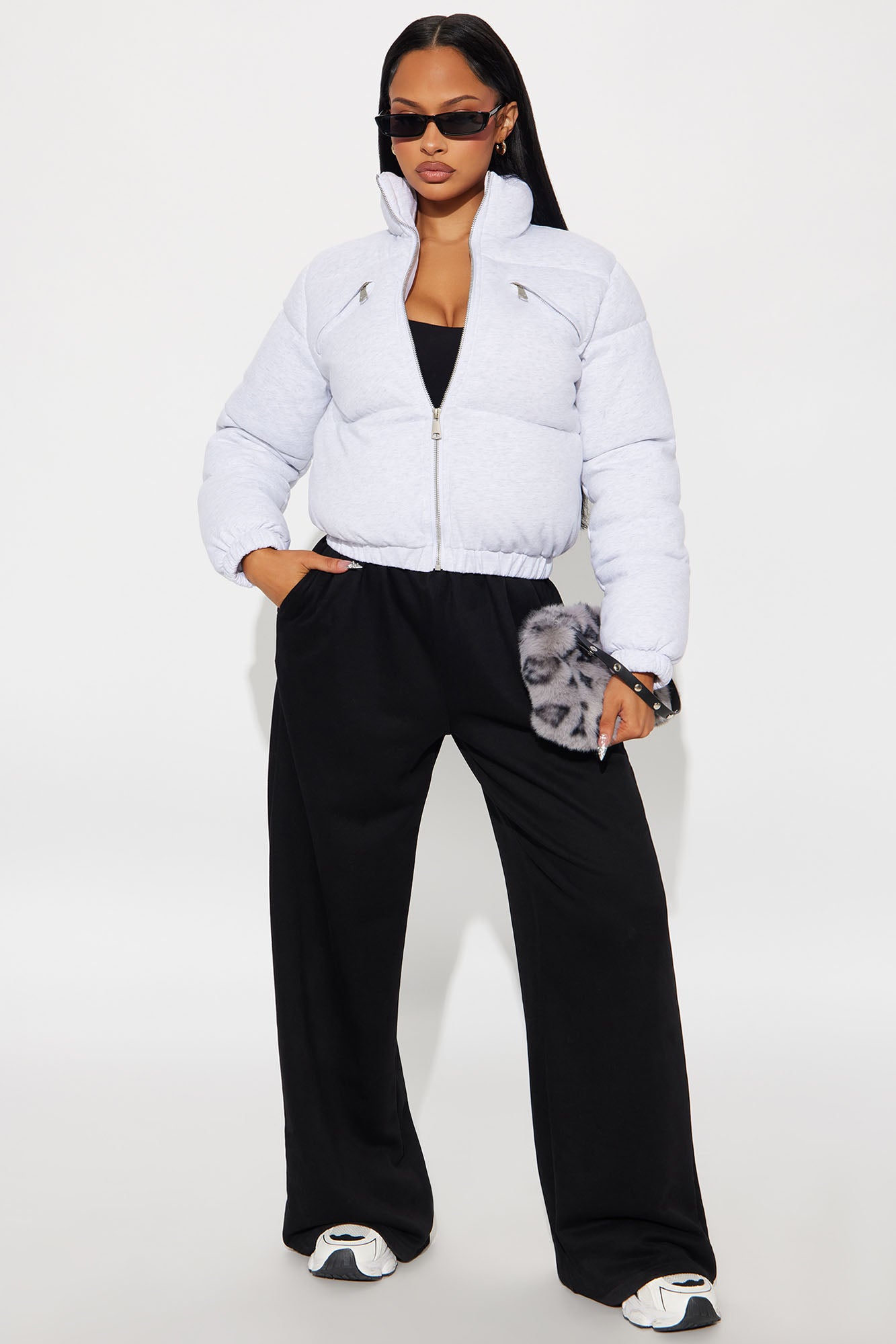 Never Giving Up Cropped Puffer Jacket - Light Grey