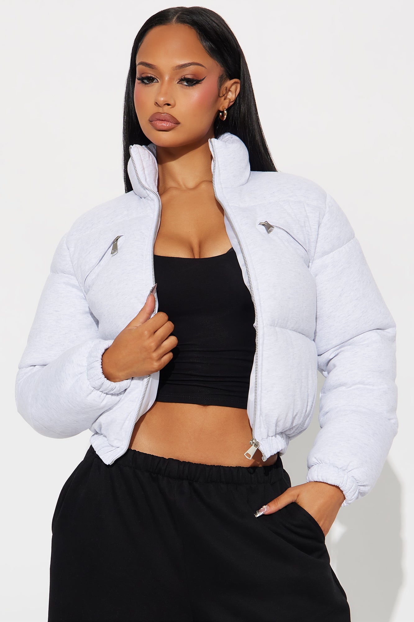 Never Giving Up Cropped Puffer Jacket - Light Grey