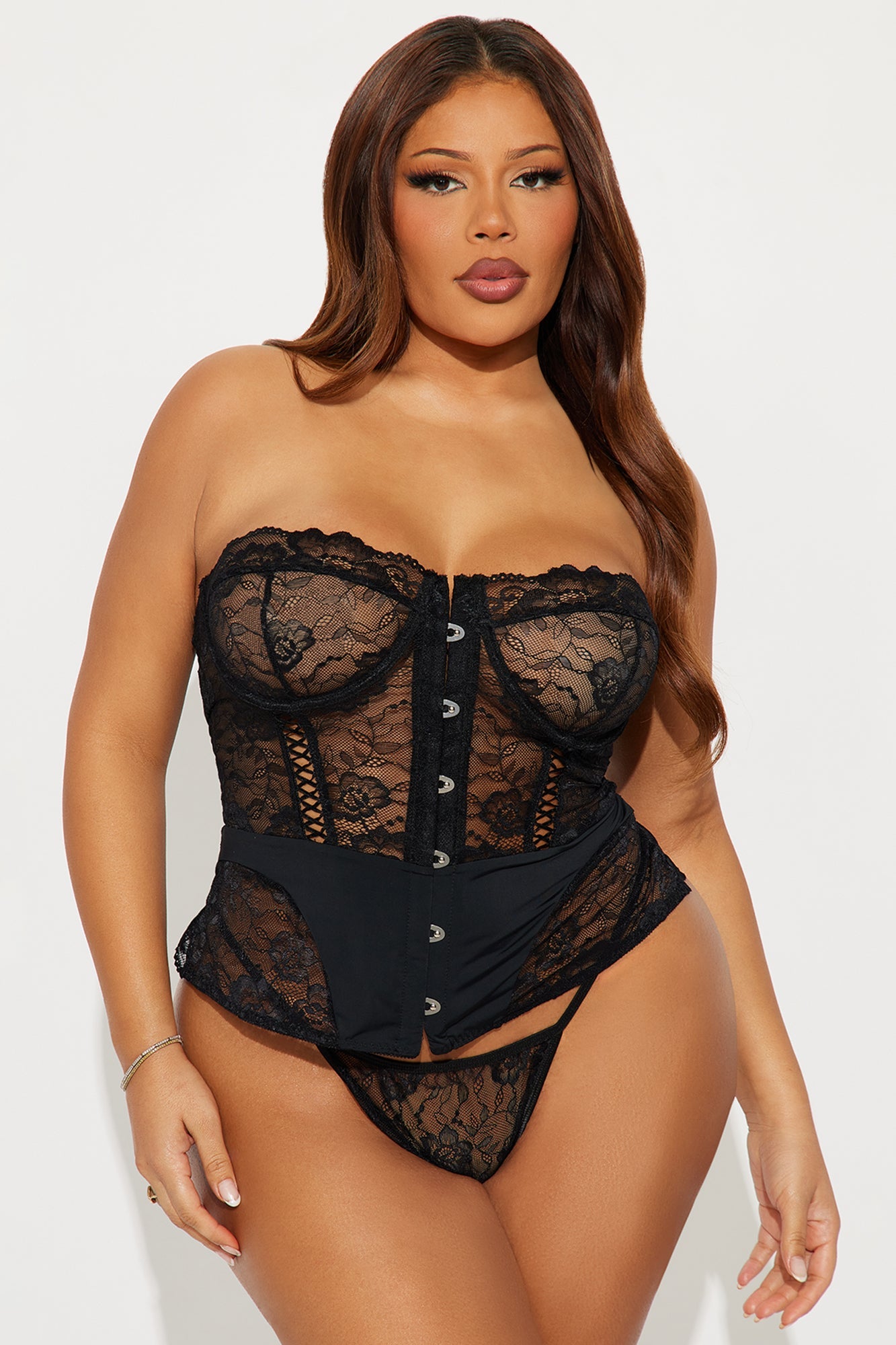 Audrina 2 Piece Lace Corset And Panty Set - Black