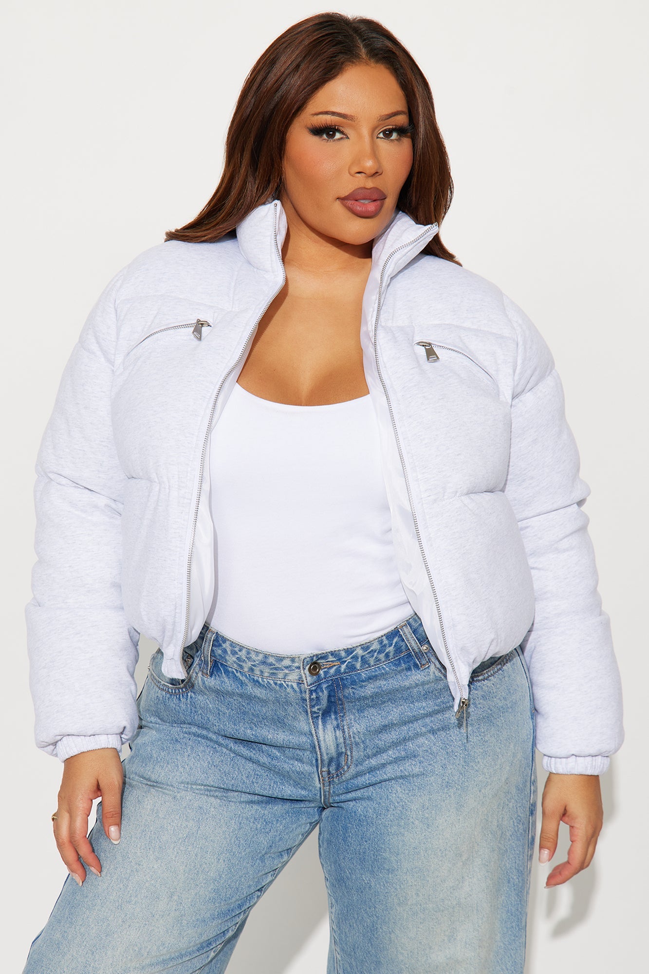 Never Giving Up Cropped Puffer Jacket - Light Grey