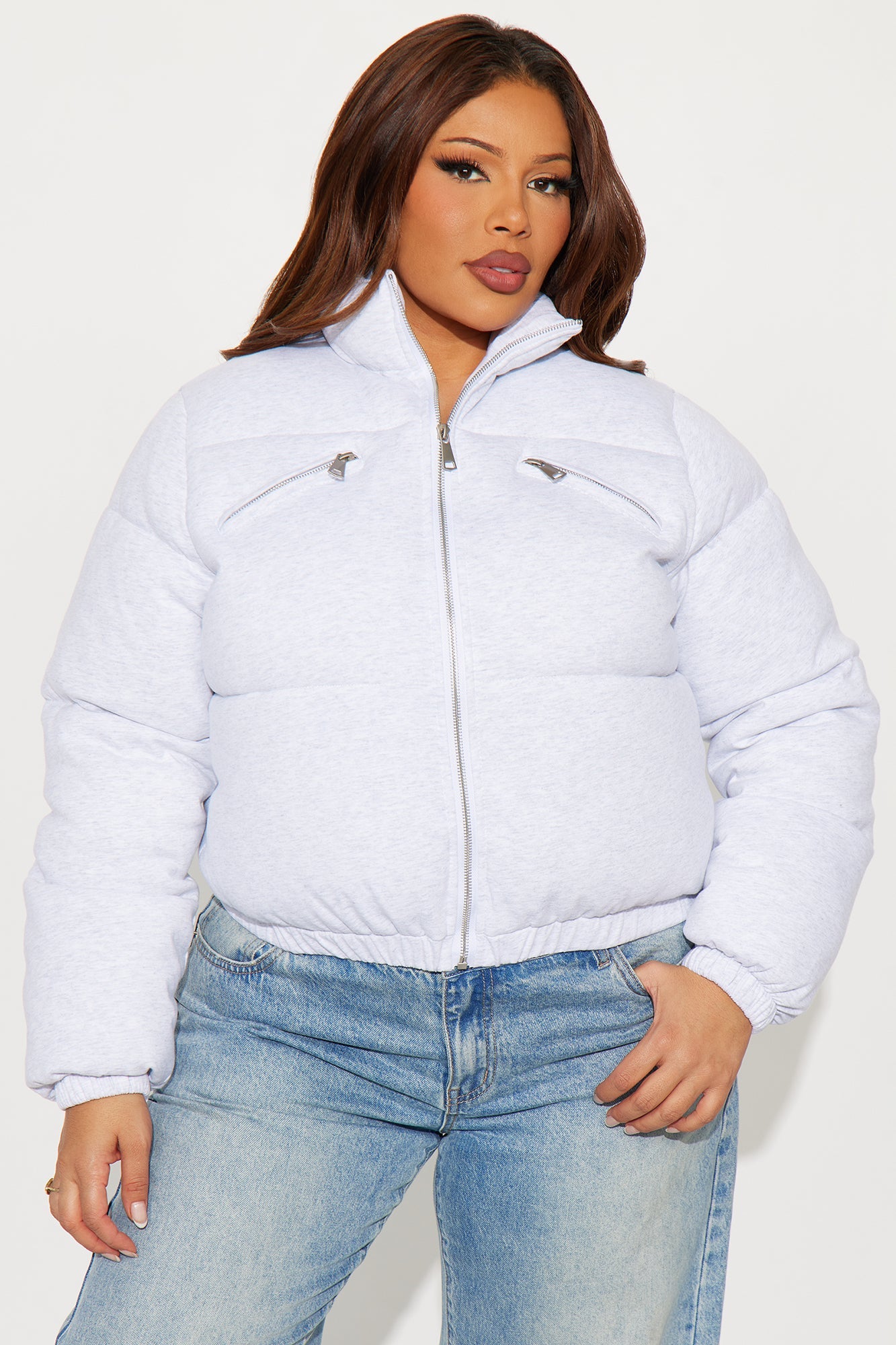 Never Giving Up Cropped Puffer Jacket - Light Grey