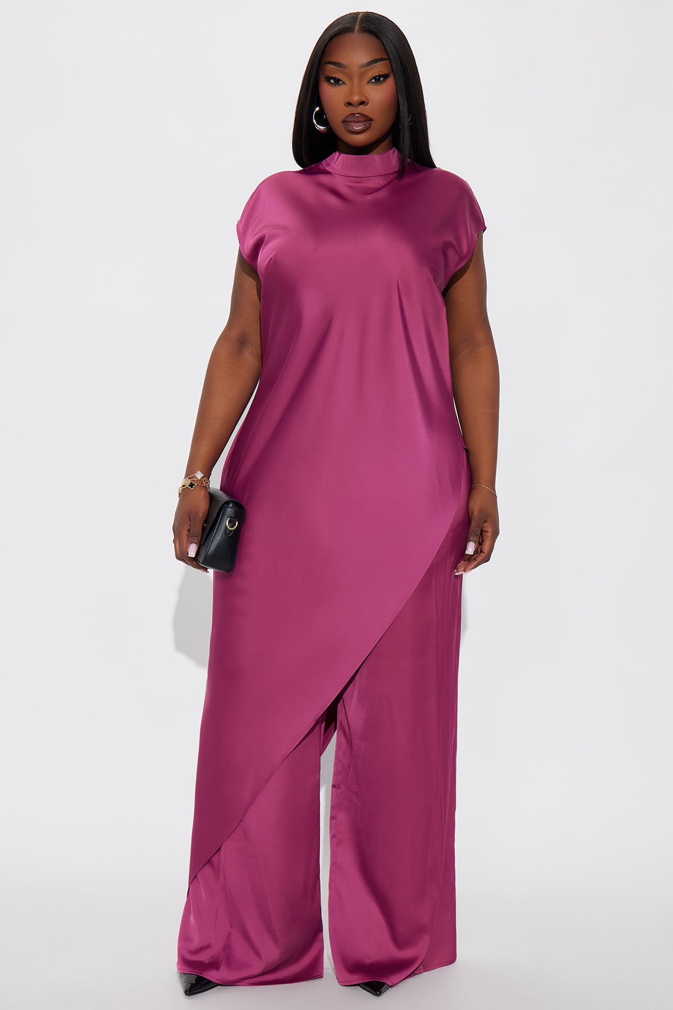 Camille Asymmetrical Satin Pant Set - Plum