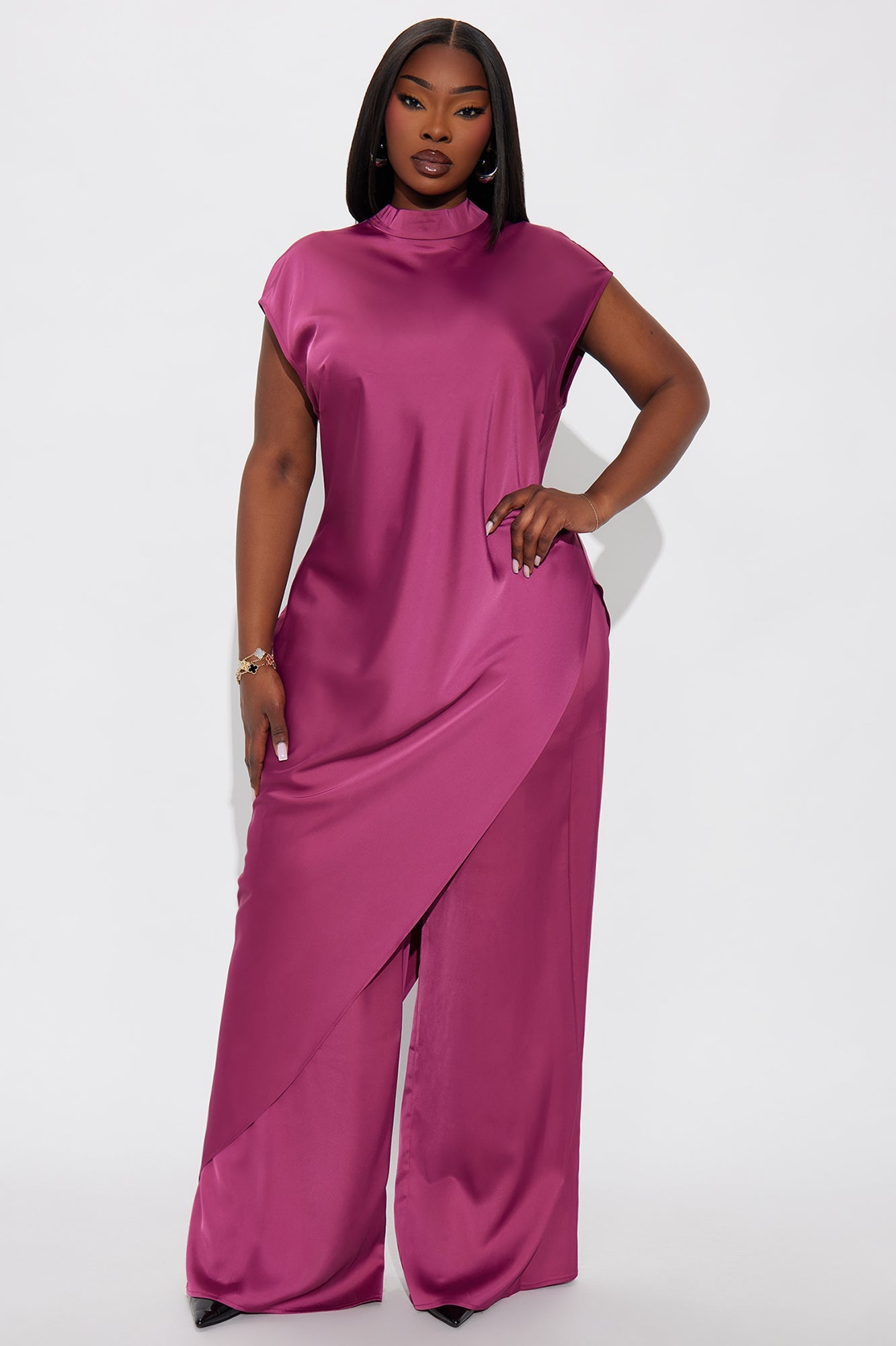 Camille Asymmetrical Satin Pant Set - Plum