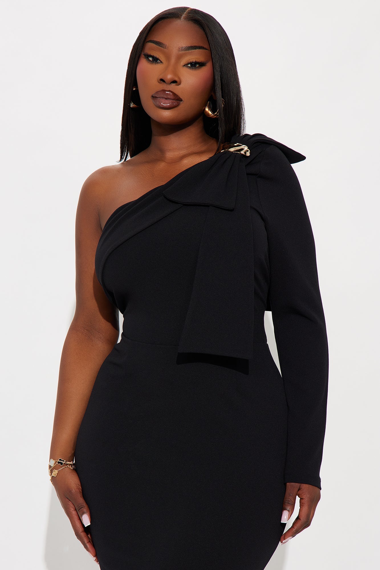 Taya One Shoulder Bow Midi Dress - Black